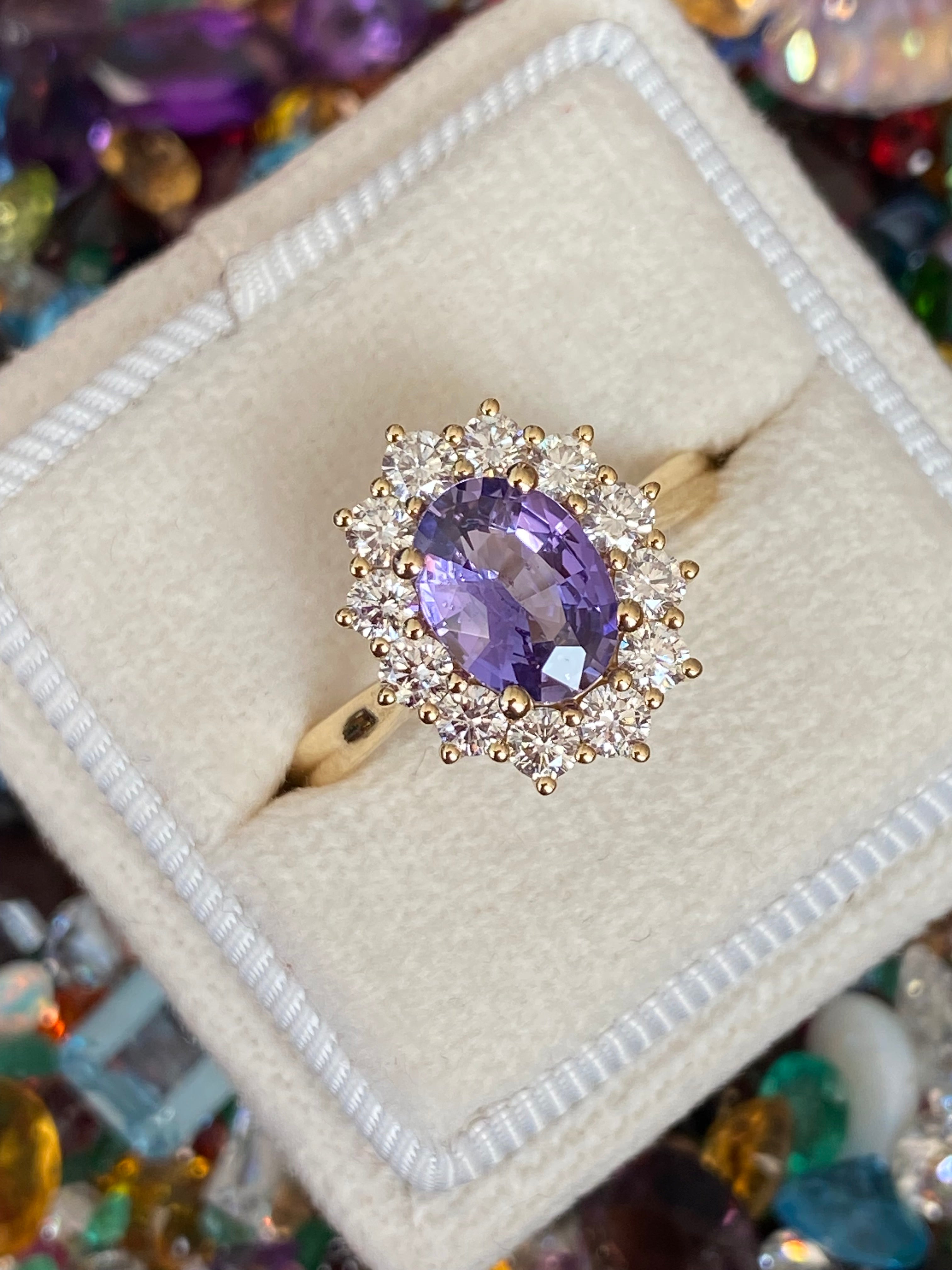 2.08 CTW Violet Sapphire and Natural Diamond Halo Ring in 18ct Yellow Gold