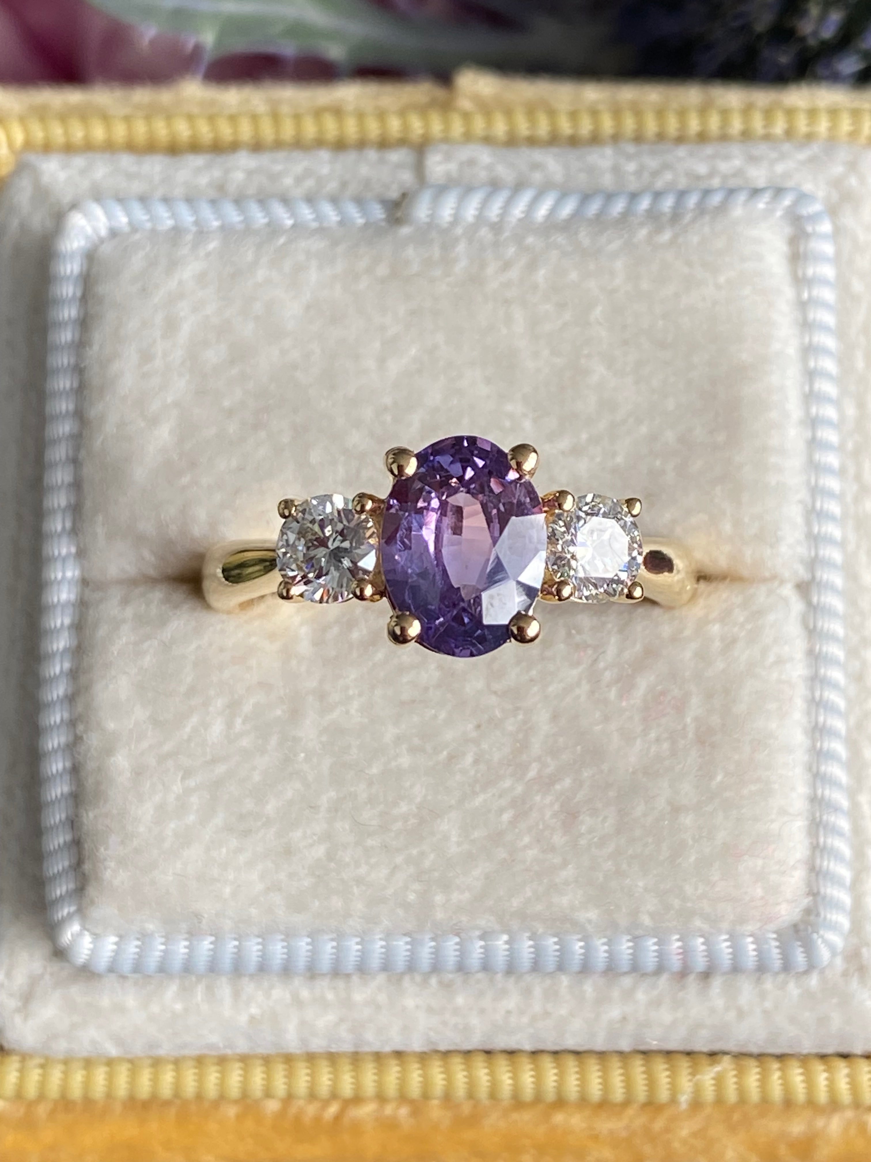 1.82 CTW Purple Sapphire and Natural Diamond Three Stone Ring in 18ct Yellow Gold