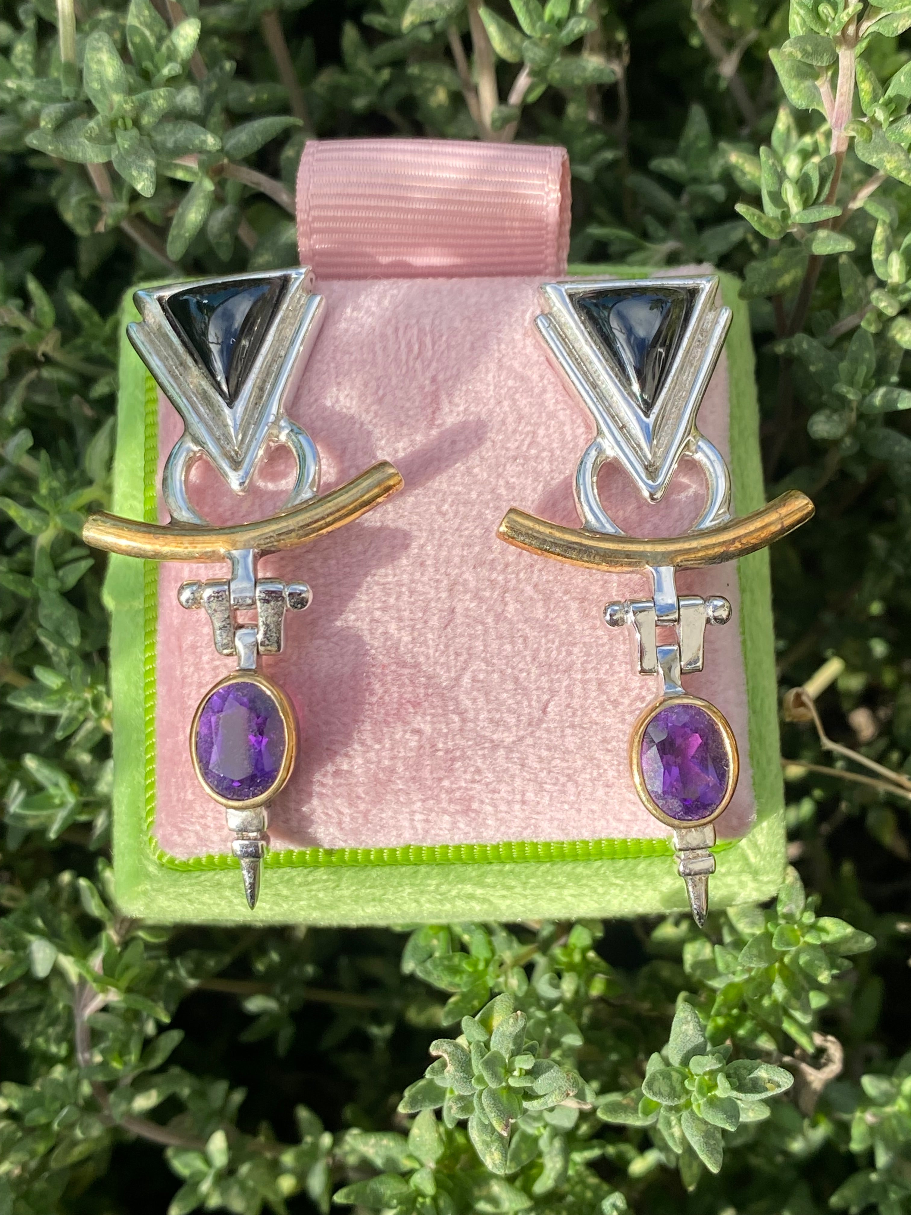 Statement 1980’s Amethyst and Black Onyx Earrings in Sterling Silver and 18ct Yellow Gold