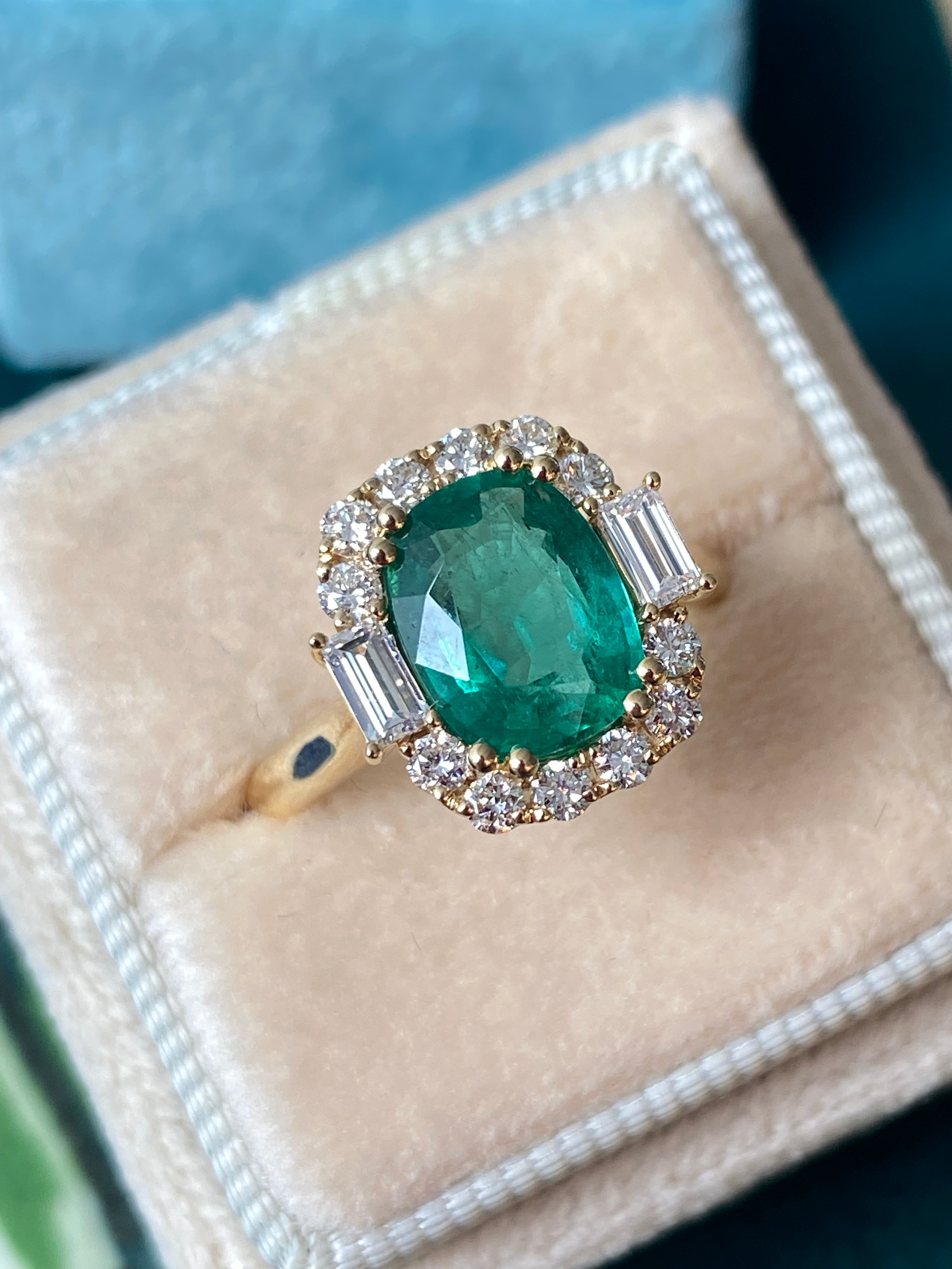 2.59 CTW Cushion Cut Emerald and Natural Diamond Halo Ring in 18ct Yellow Gold