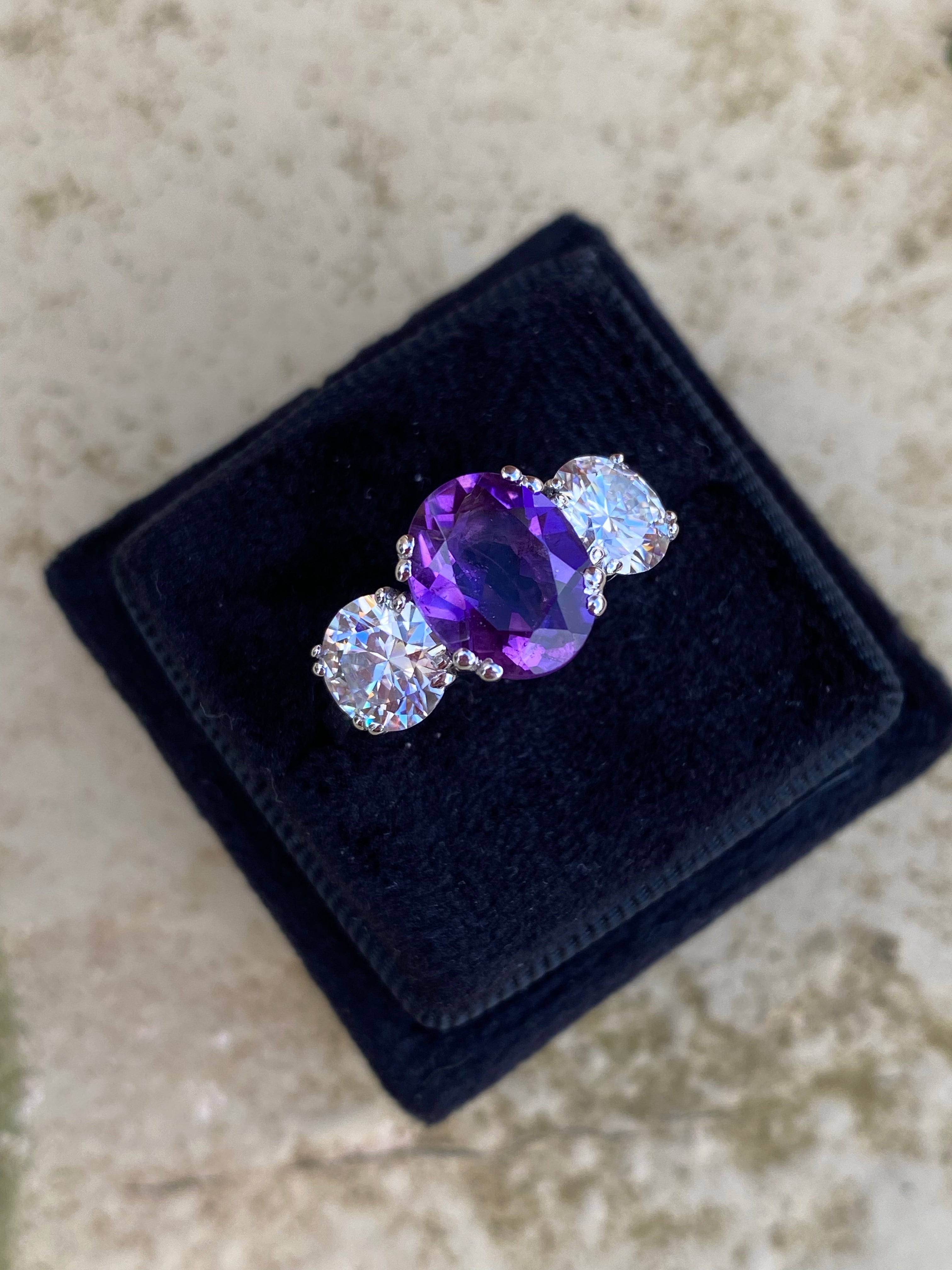 2.57 Carat Amethyst and 1.84 Carat Moissanite Three Stone Ring in Sterling Silver