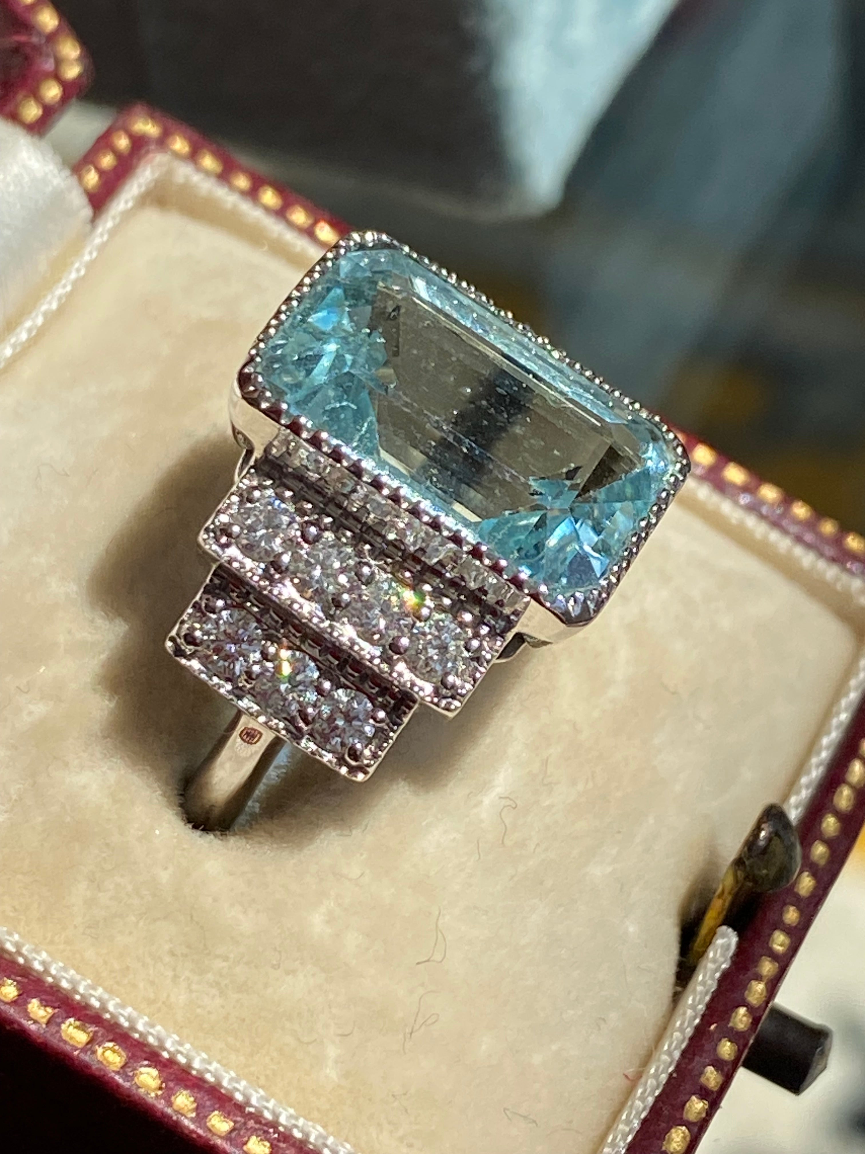 6.29 CTW Art Deco Style Aquamarine and Diamond Ring in 18ct White Gold