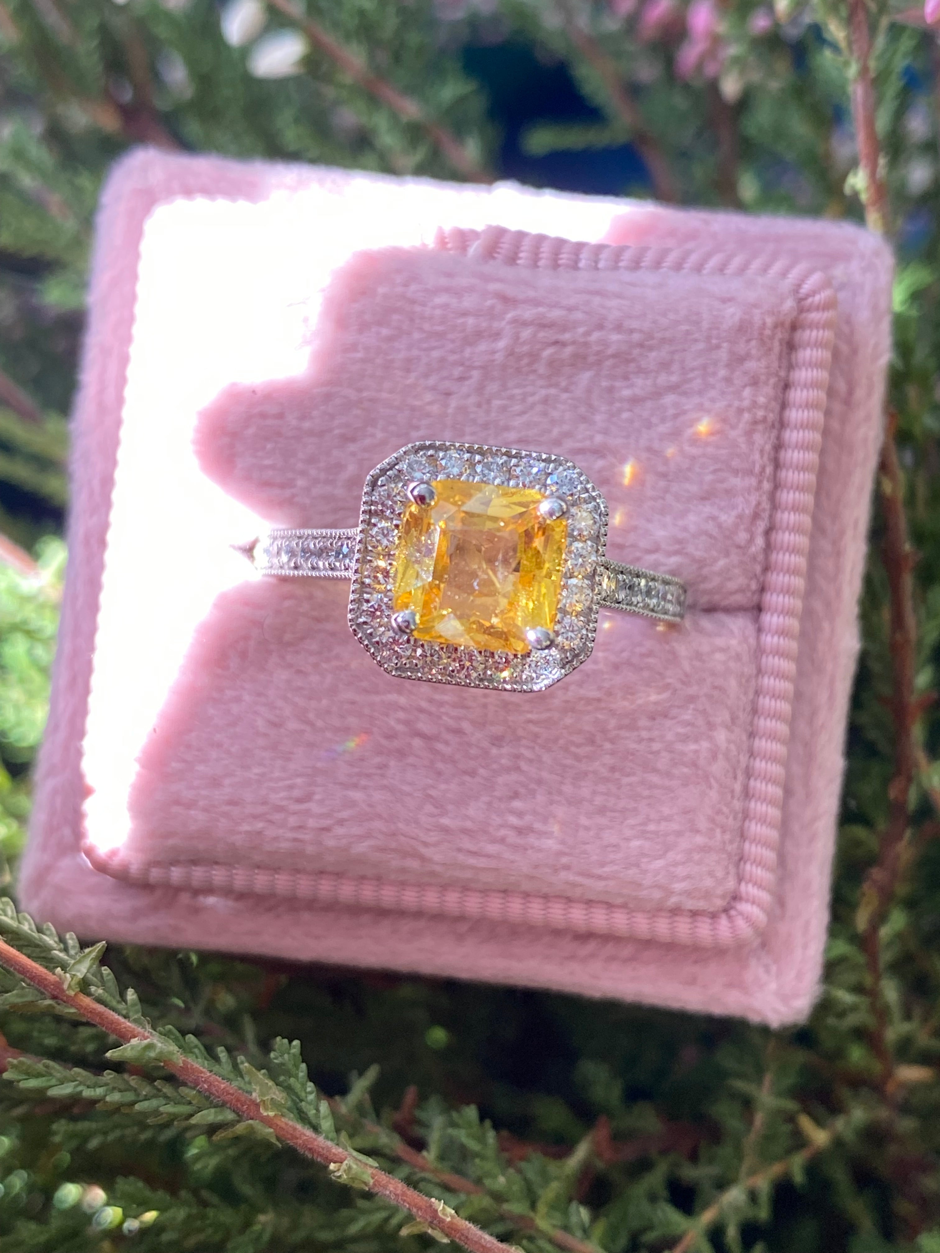 2.06 Carat Yellow Sapphire and Natural Diamond Halo Ring in Platinum