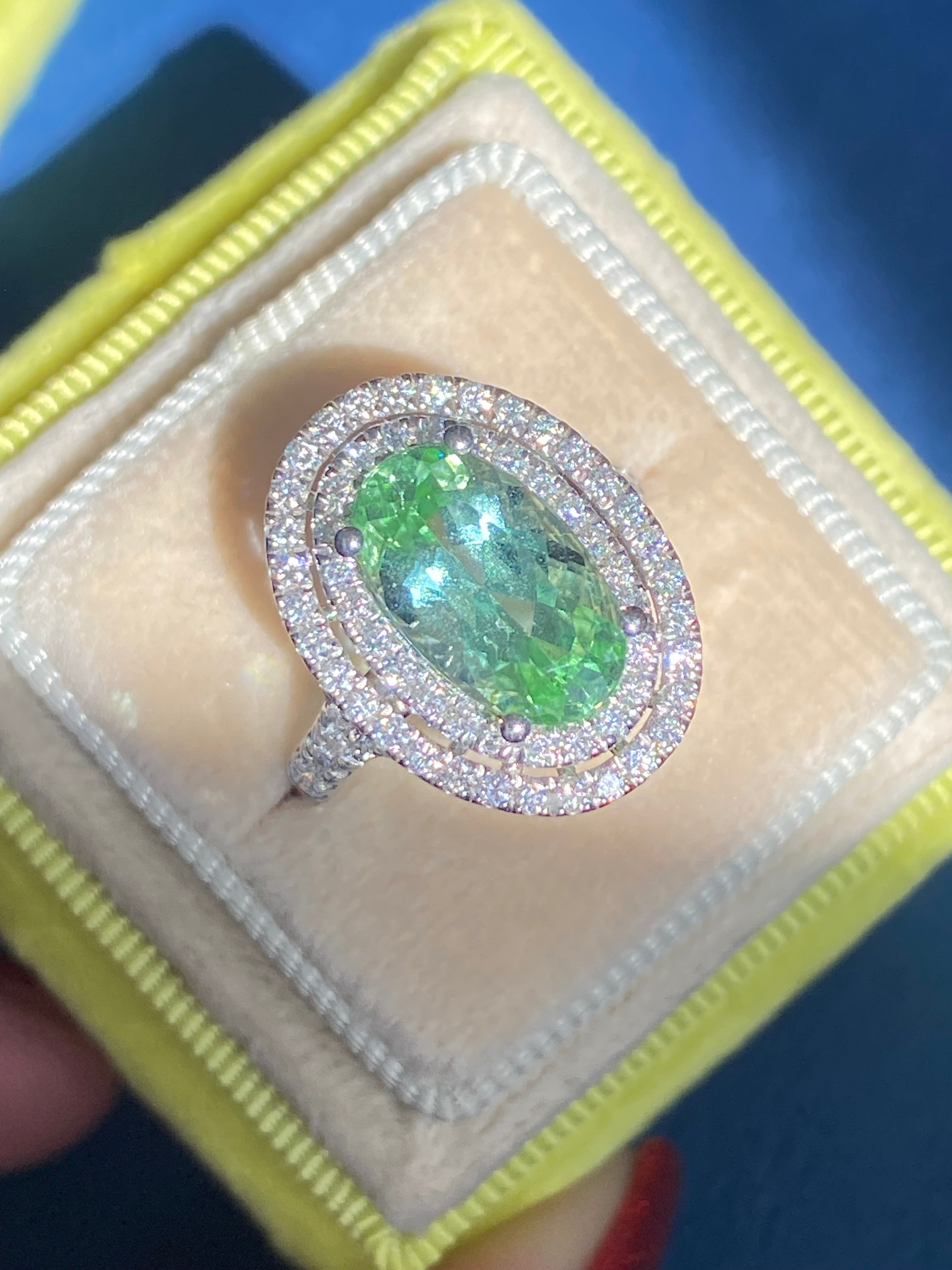 4.77 CTW Magical Mint Tourmaline and Natural Diamond Double Halo Ring in Platinum