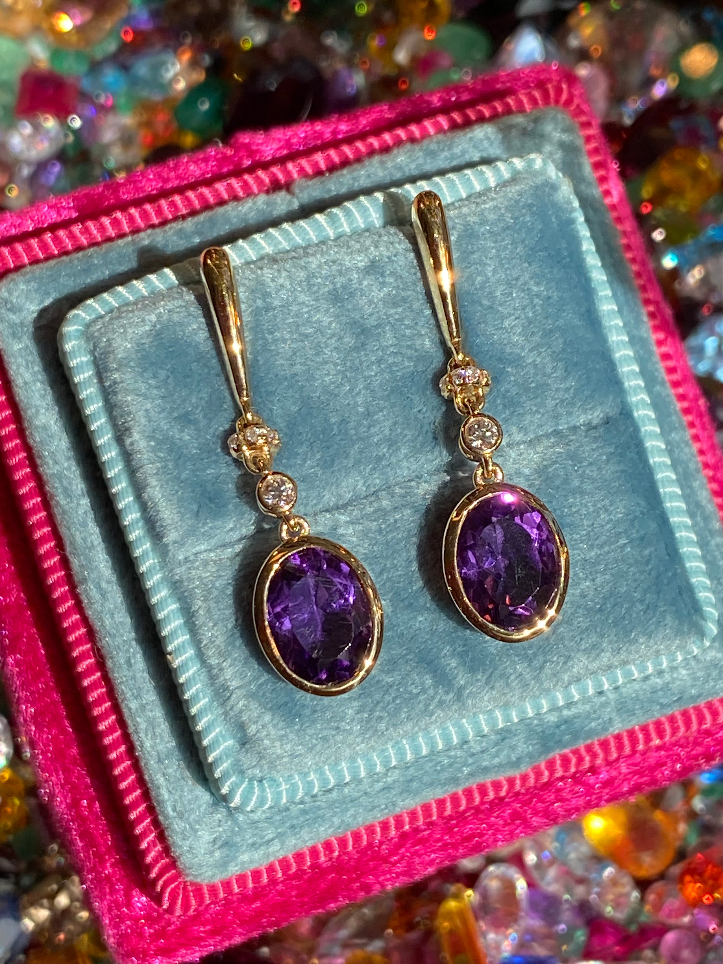 2.47 CTW Amethyst and Diamond Drop Earrings in 18ct Yellow Gold