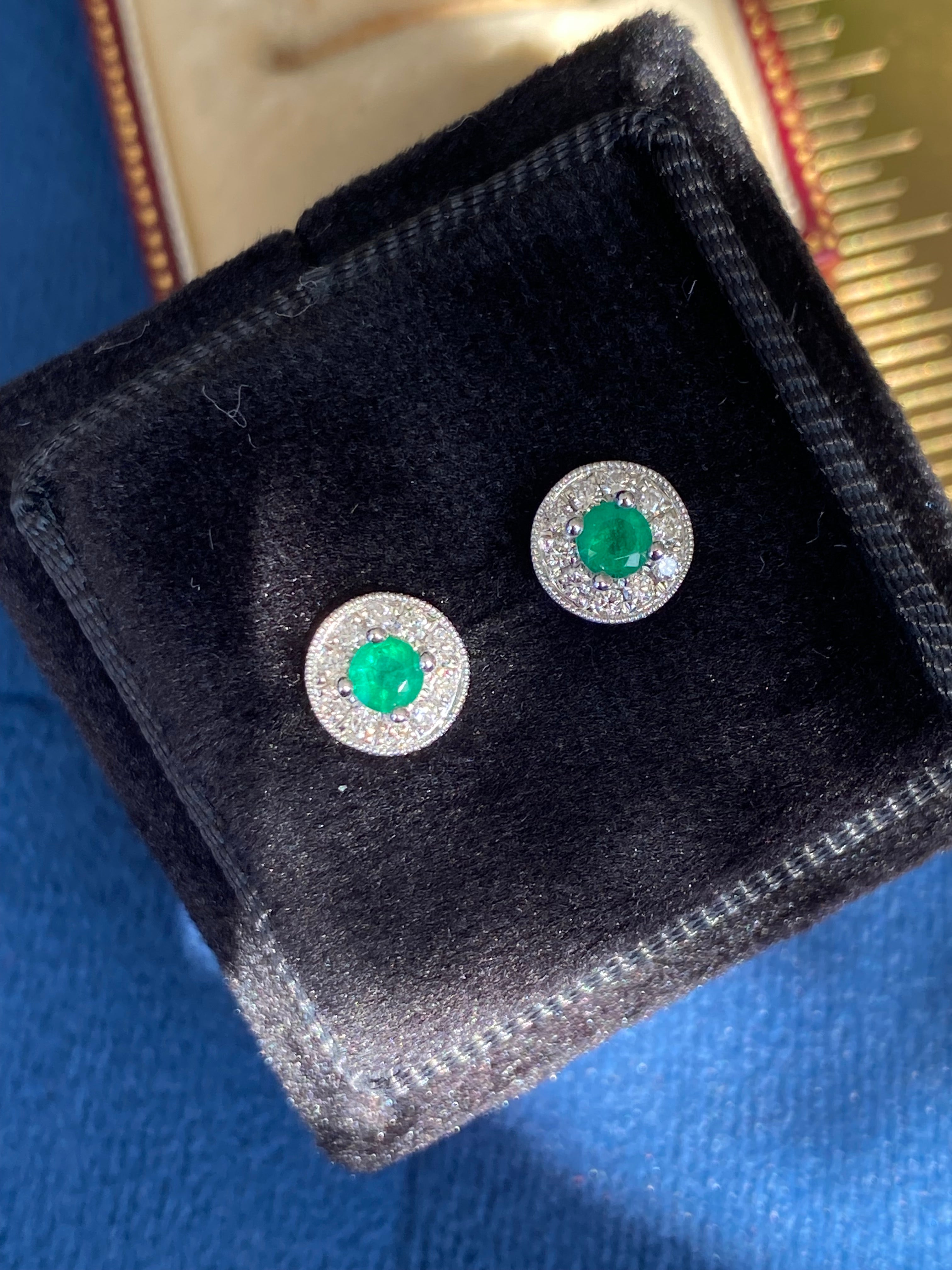 Emerald and Natural Diamond Halo Stud Earrings in 18ct White Gold
