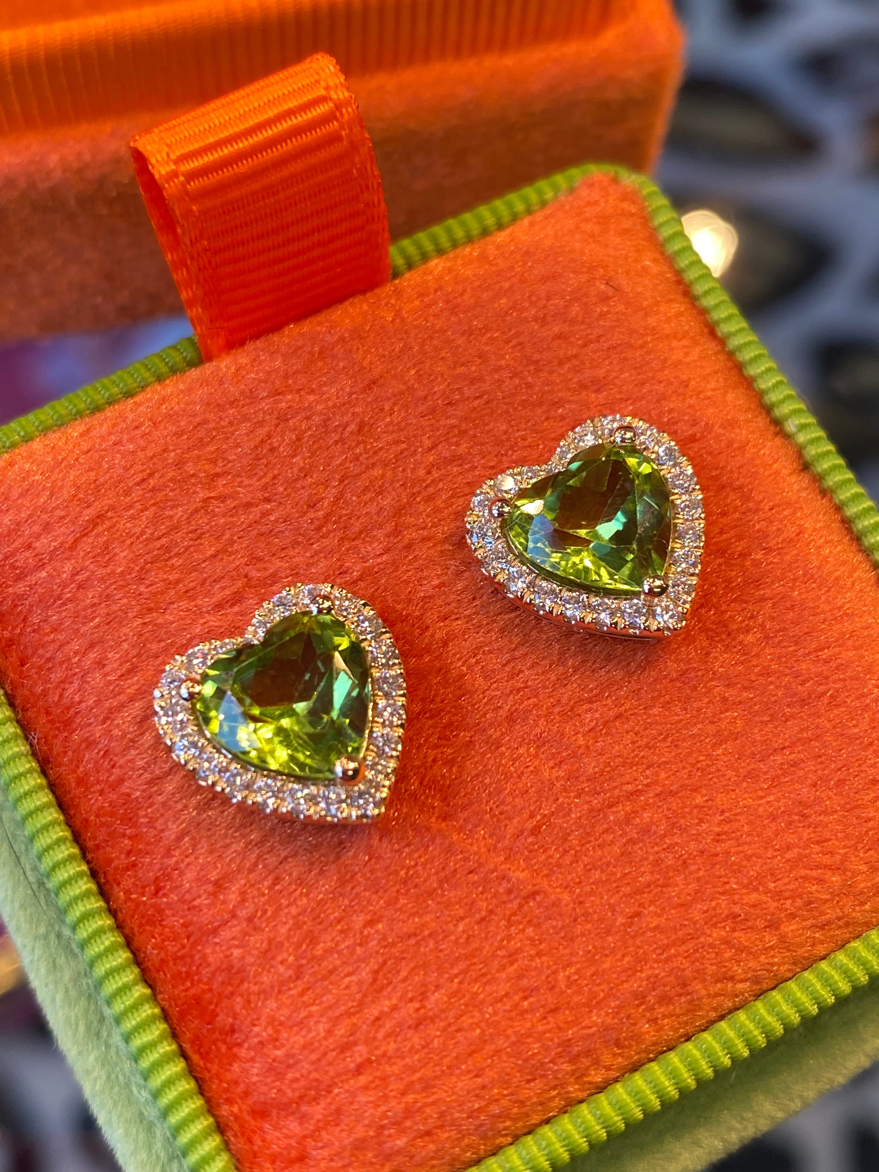 Beautiful Heart Shaped Peridot and Natural Diamond Stud Earrings in 9ct Yellow Gold