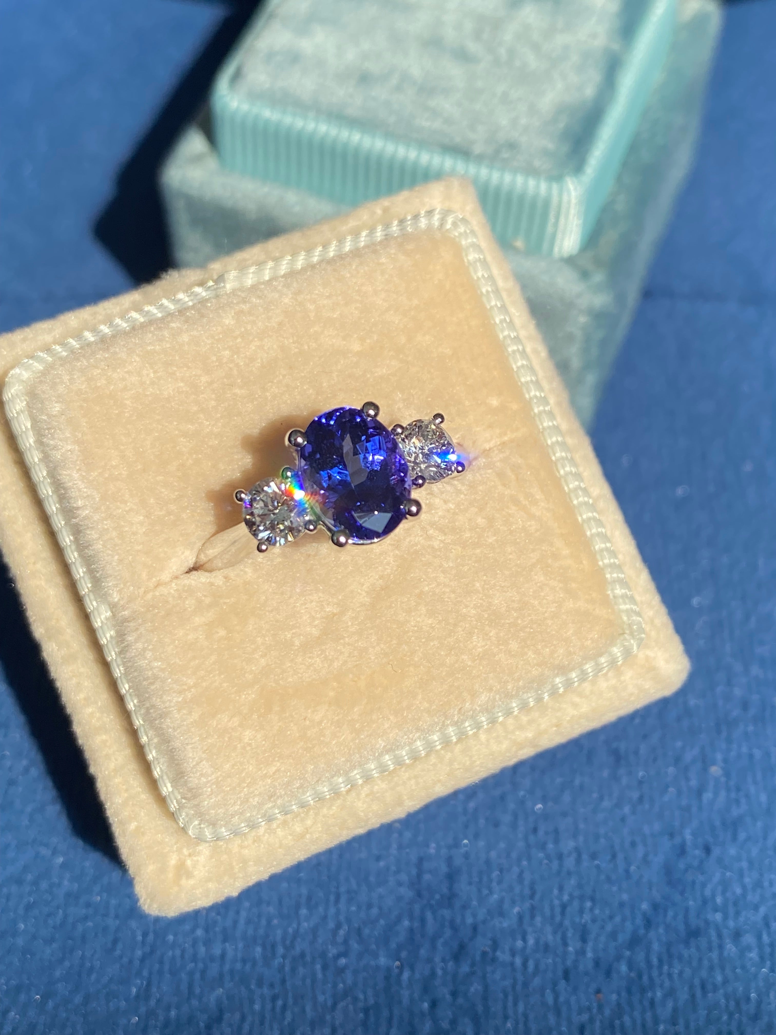 2.08 CTW Tanzanite and Natural Diamond Three Stone Ring in Platinum