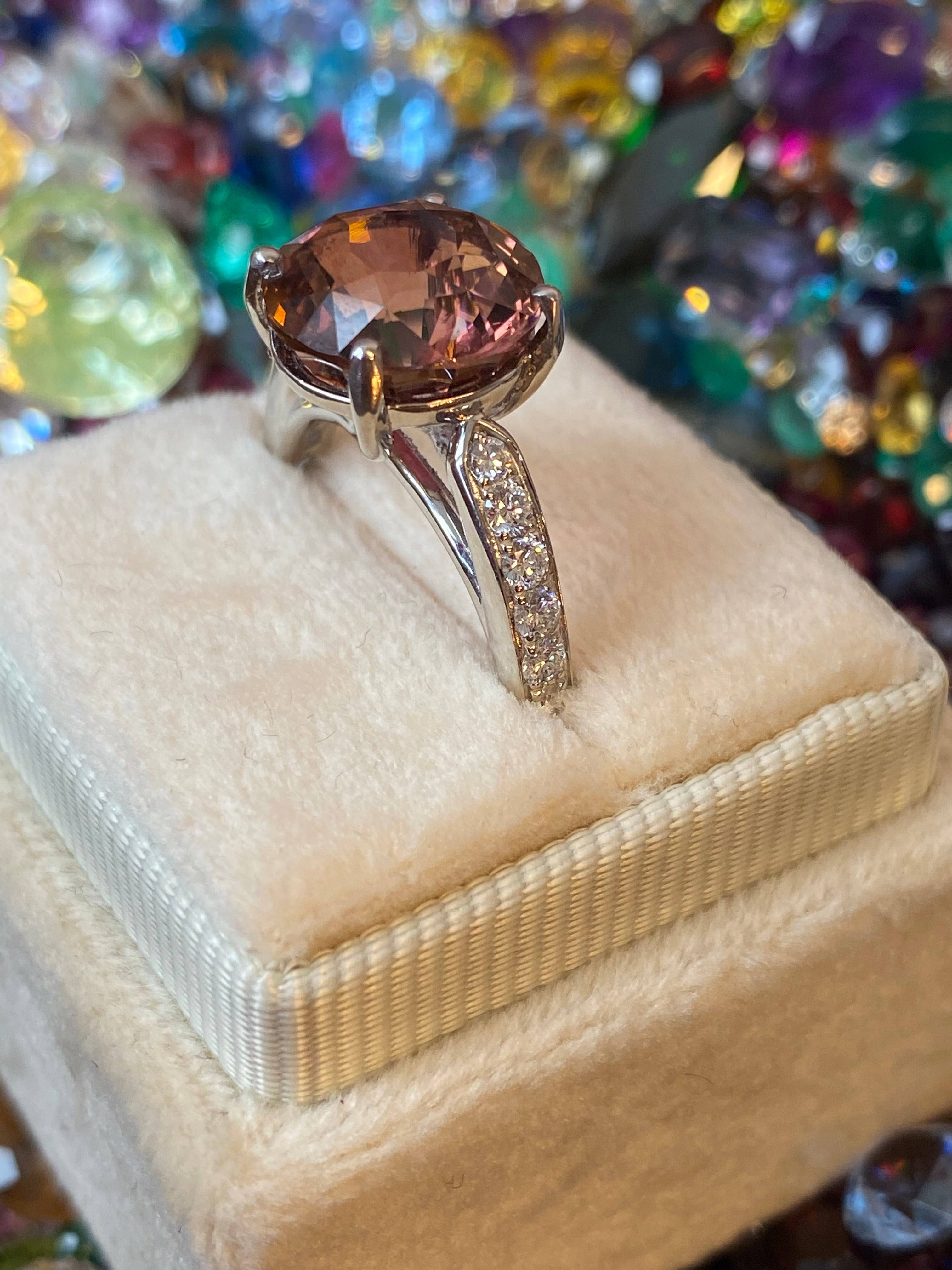 5.09 Carat Round Cut Pink Tourmaline and Natural Diamond Engagement Ring in Platinum