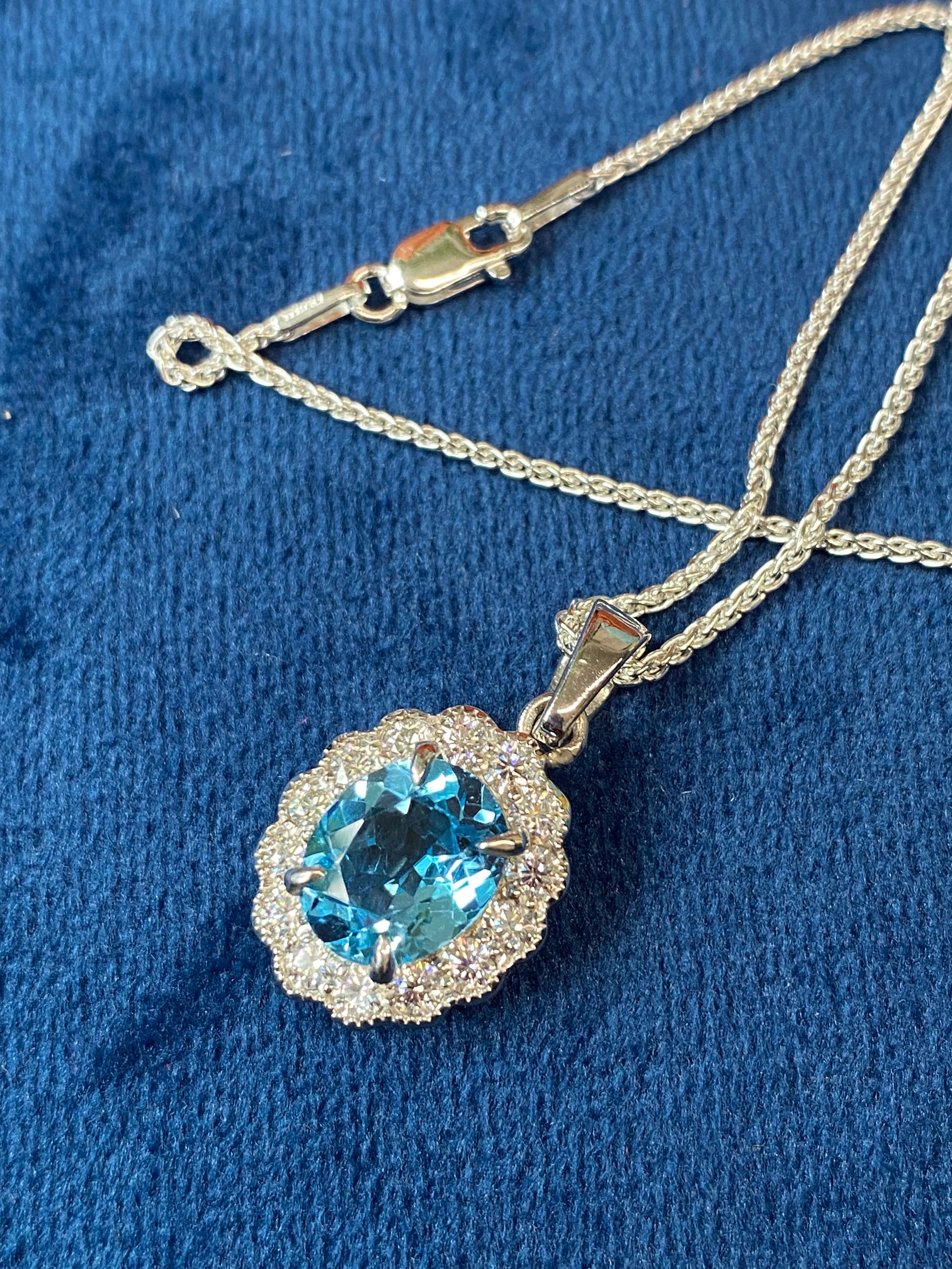 5.00 CTW Blue Topaz and Moissanite Halo Pendant Necklace in Sterling Silver