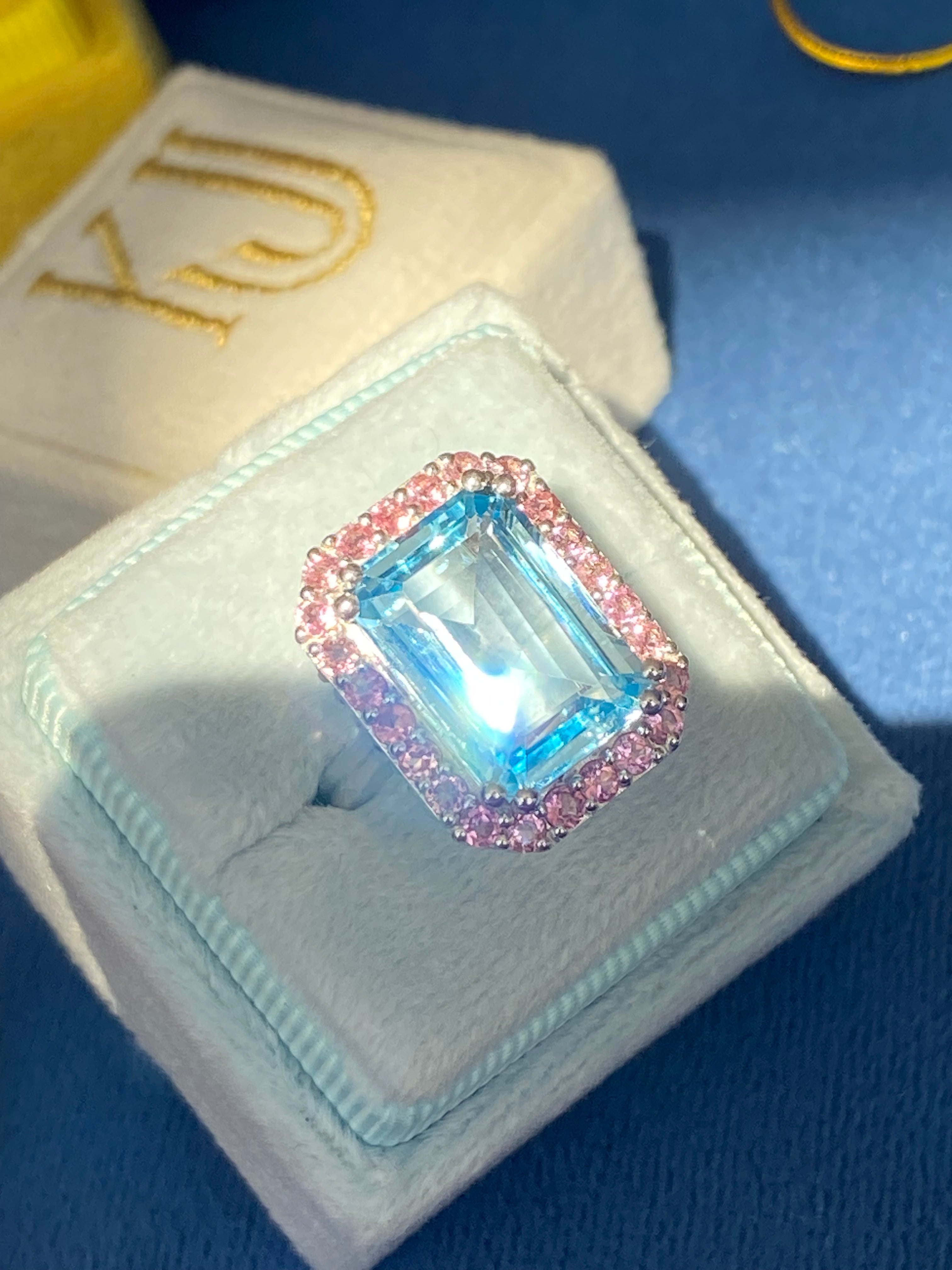 6.50 CTW Blue Topaz and Pink Tourmaline Halo Ring in Sterling Silver