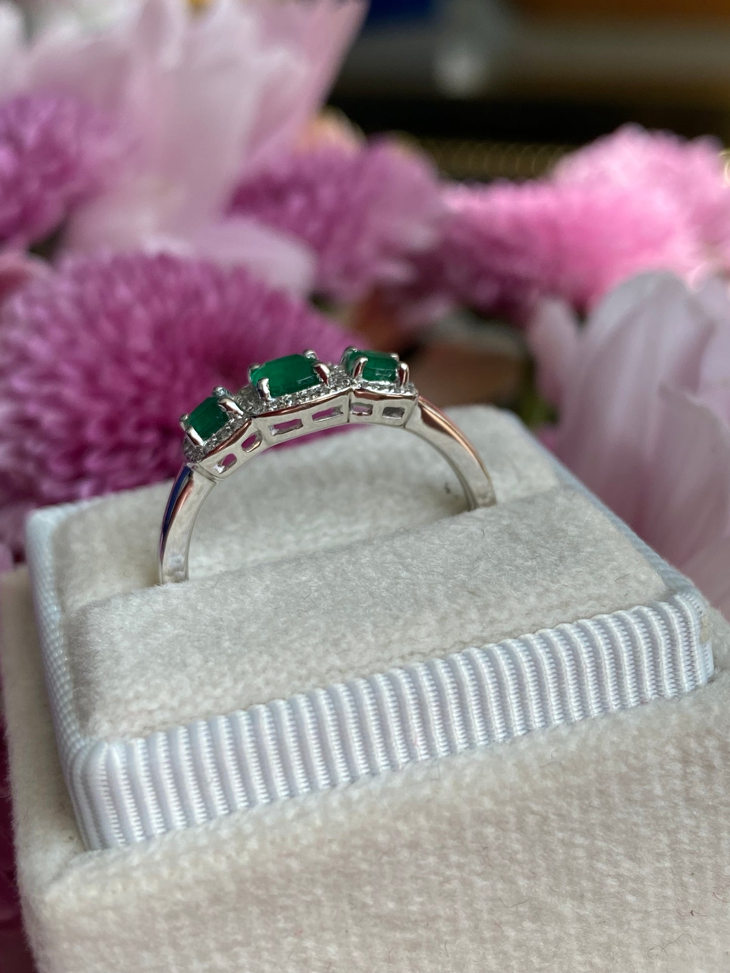 0.65ctw Emerald and Diamond Three Stone Halo Ring in Platinum