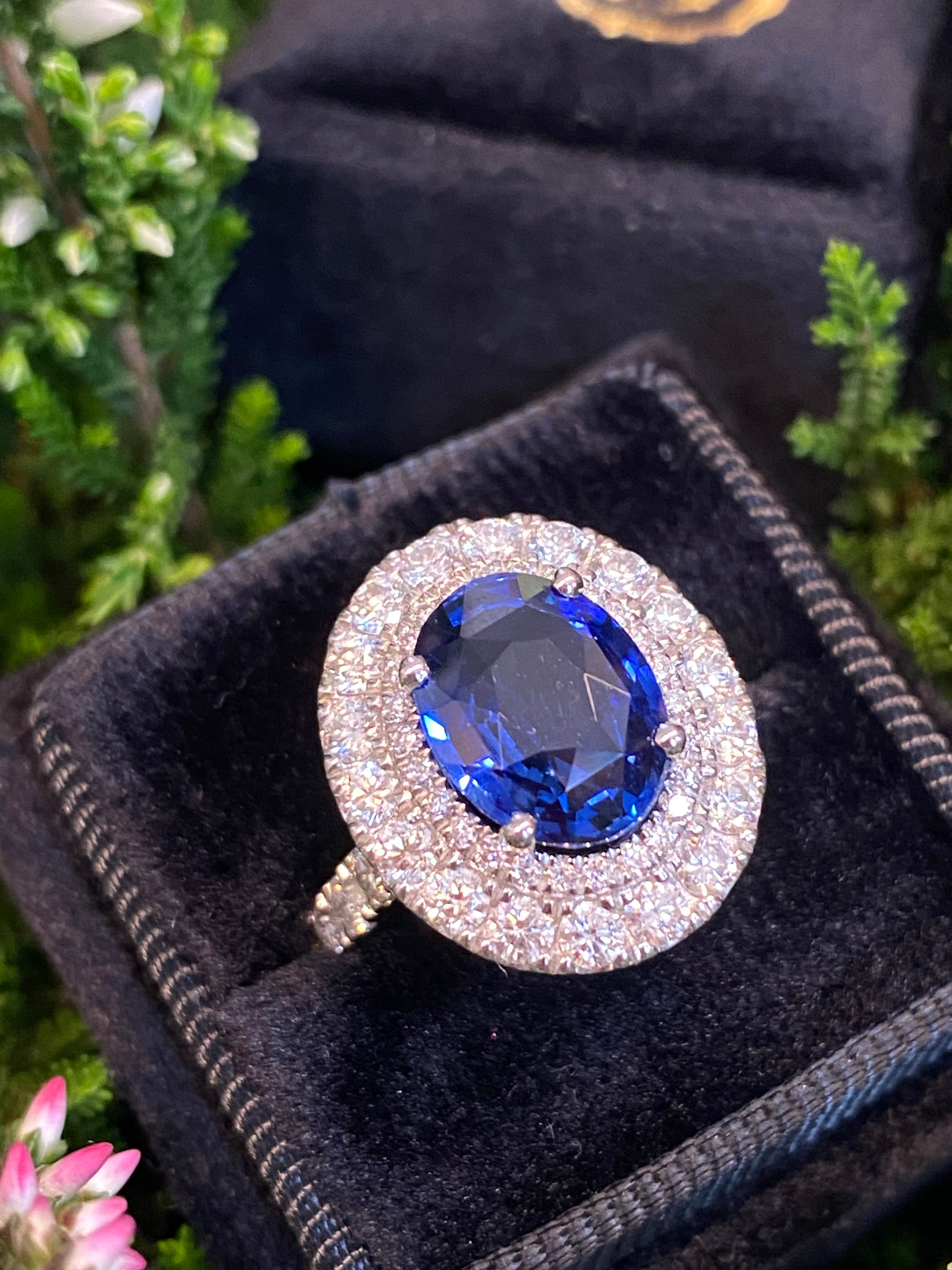 4.29 Carat Blue Ceylon Sapphire and 1.67 CTW Natural Diamond Halo Ring in Platinum