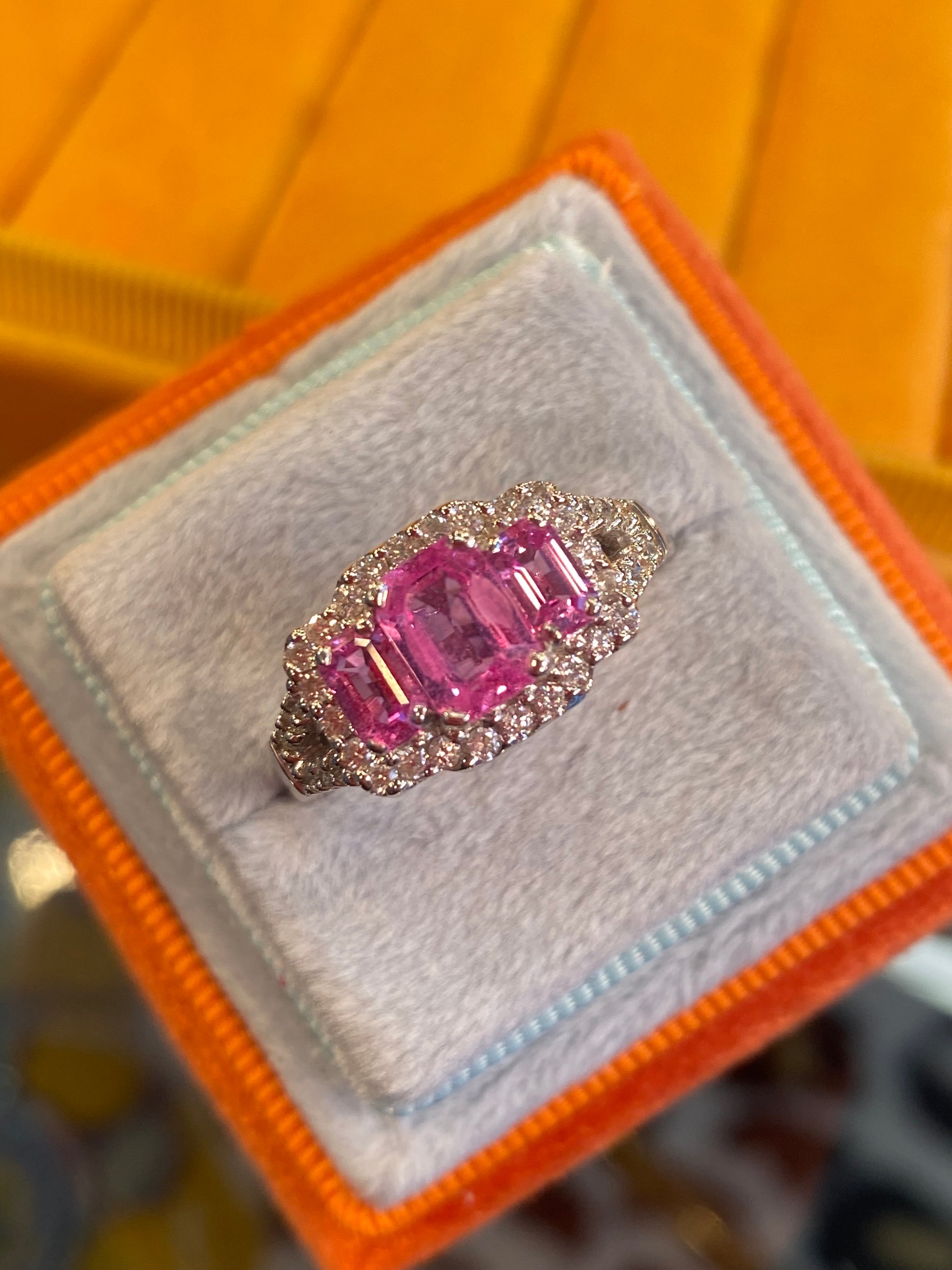 3.50 CTW Pink Sapphire and Natural Diamond Three Stone Ring Set in 18ct White Gold