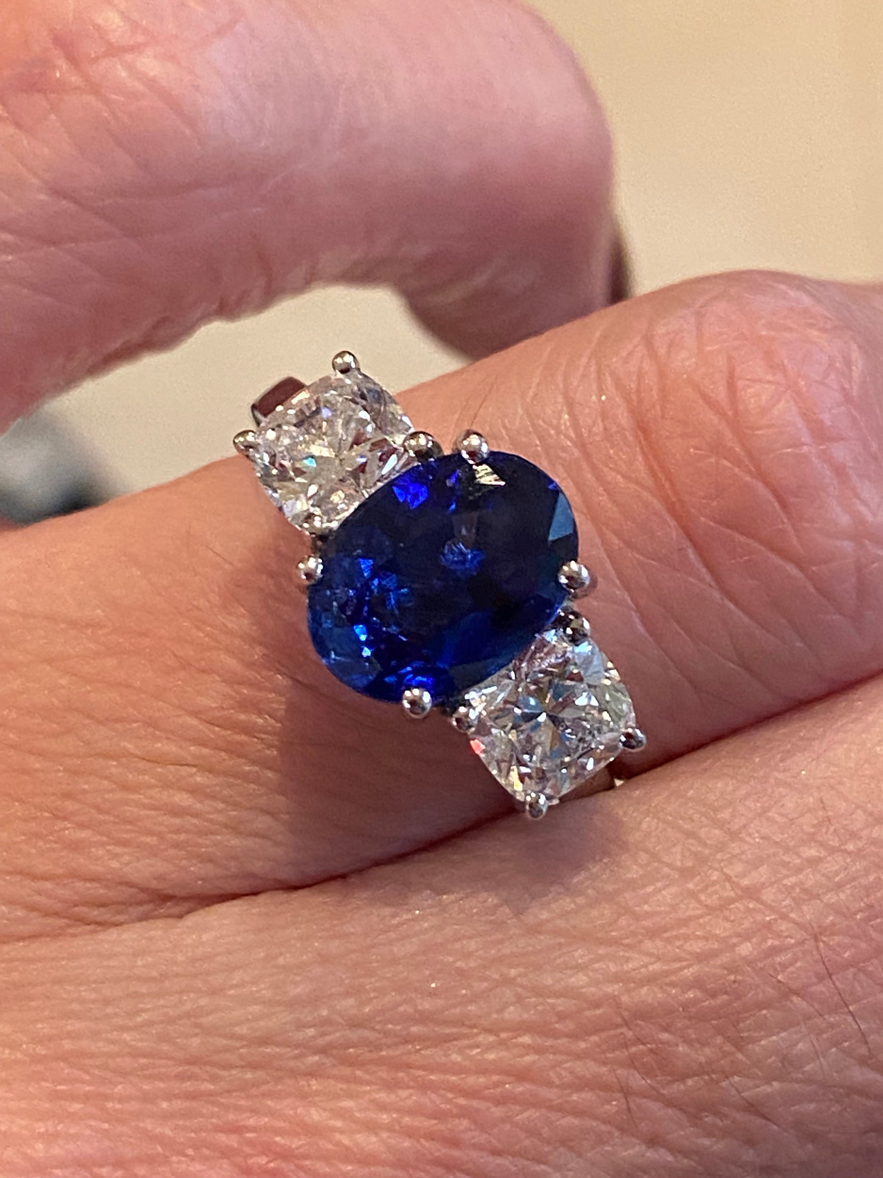 4.33 CTW Blue Ceylon Sapphire and Natural Diamond Three Stone Engagement Ring in Platinum