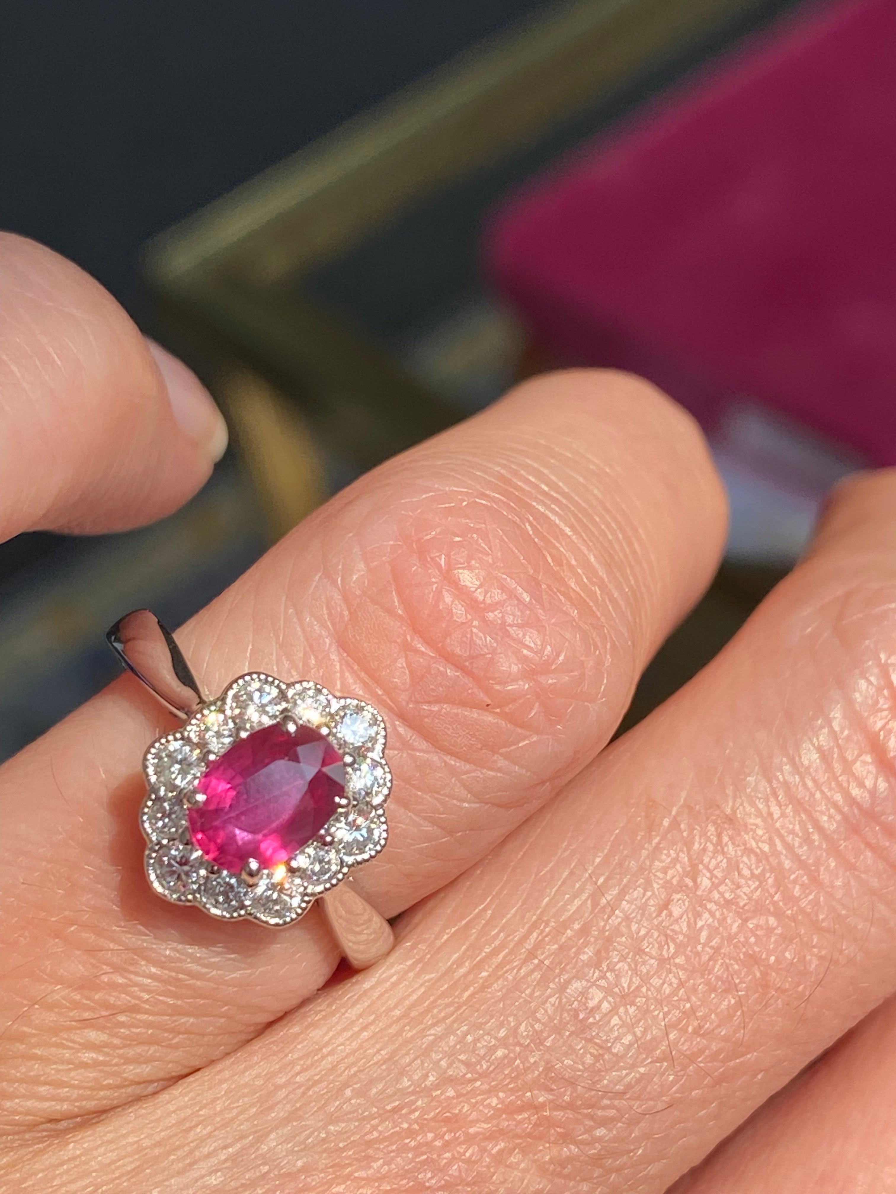 1.49 CTW Ruby and Natural Diamond Halo Ring in 18ct White Gold