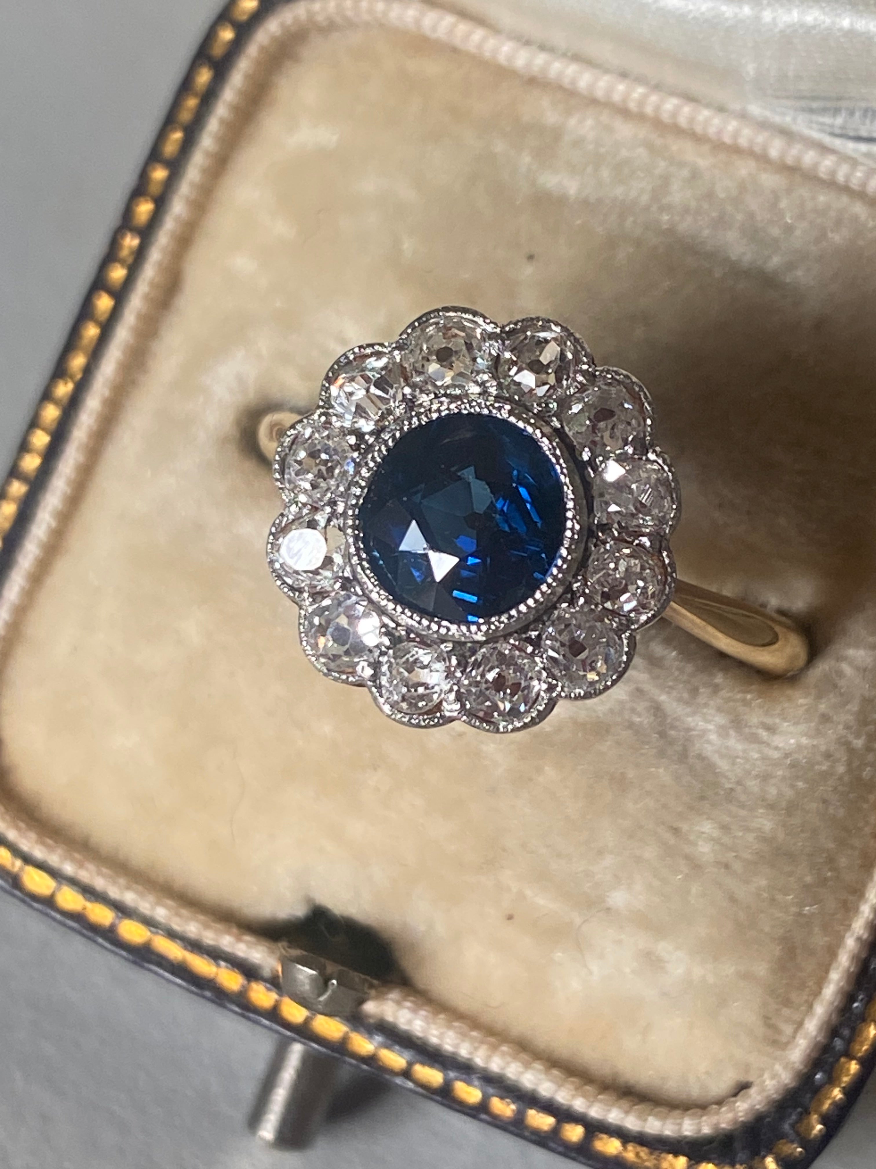 2.25 CTW Antique Edwardian Old Cut Sapphire and Diamond Daisy Ring in 18ct Gold and Platinum