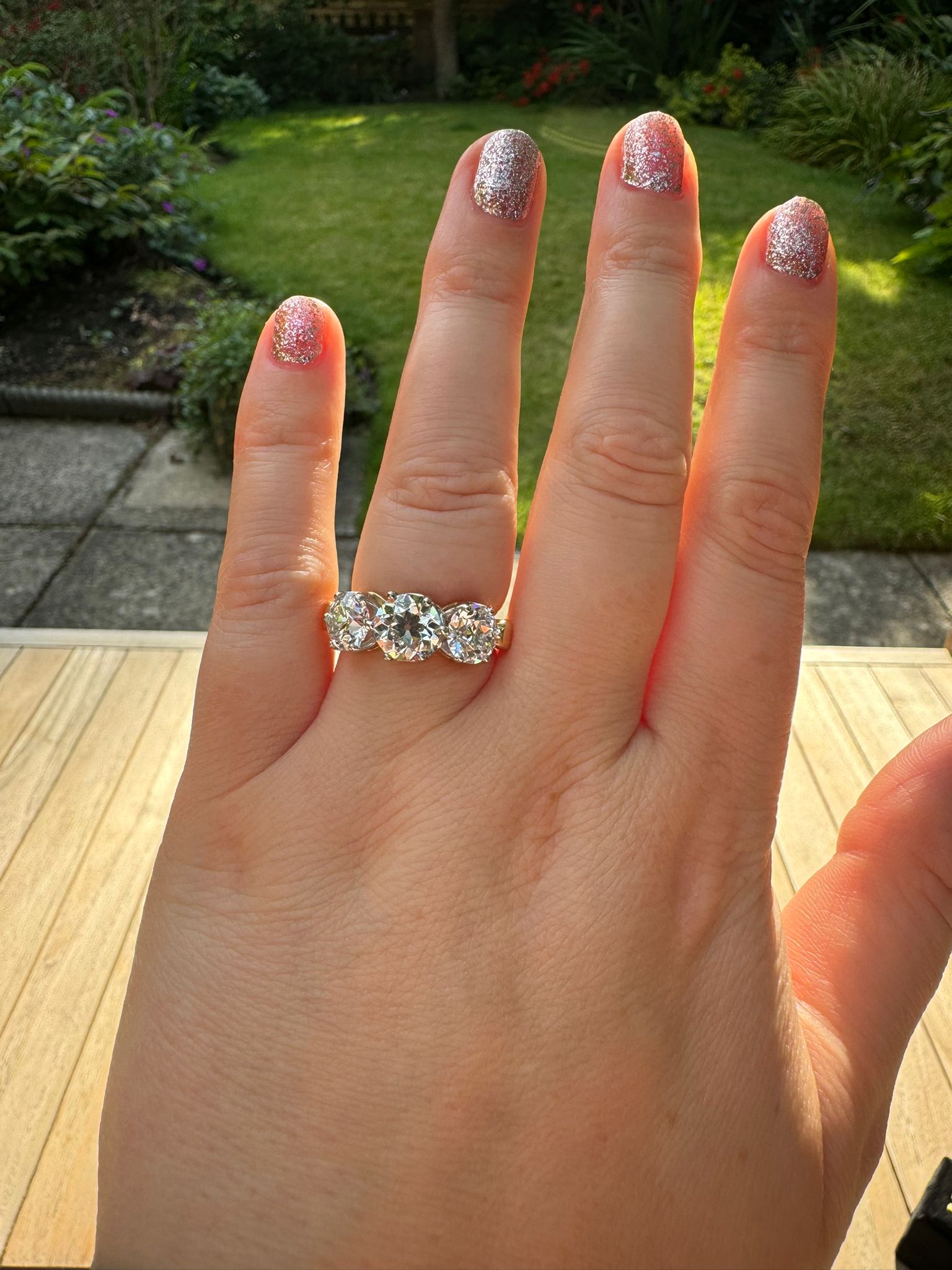 Heritage 4.00 CT + Old Cut Lab Grown Diamond Three Stone Trilogy Engagement Ring, at Least F Colour / VS Clarity