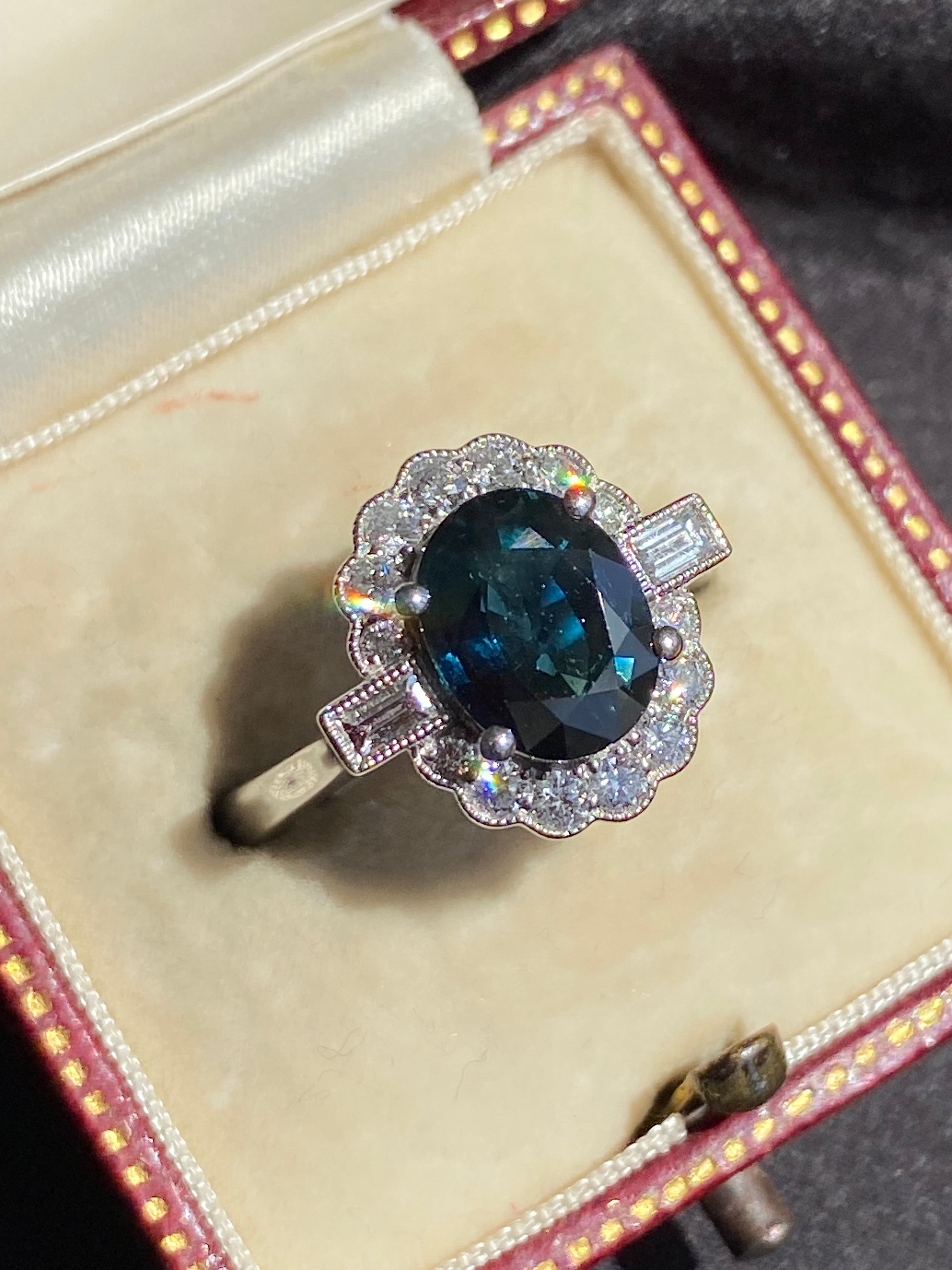 2.66 CTW Teal Sapphire and Natural Diamond Ring in Platinum