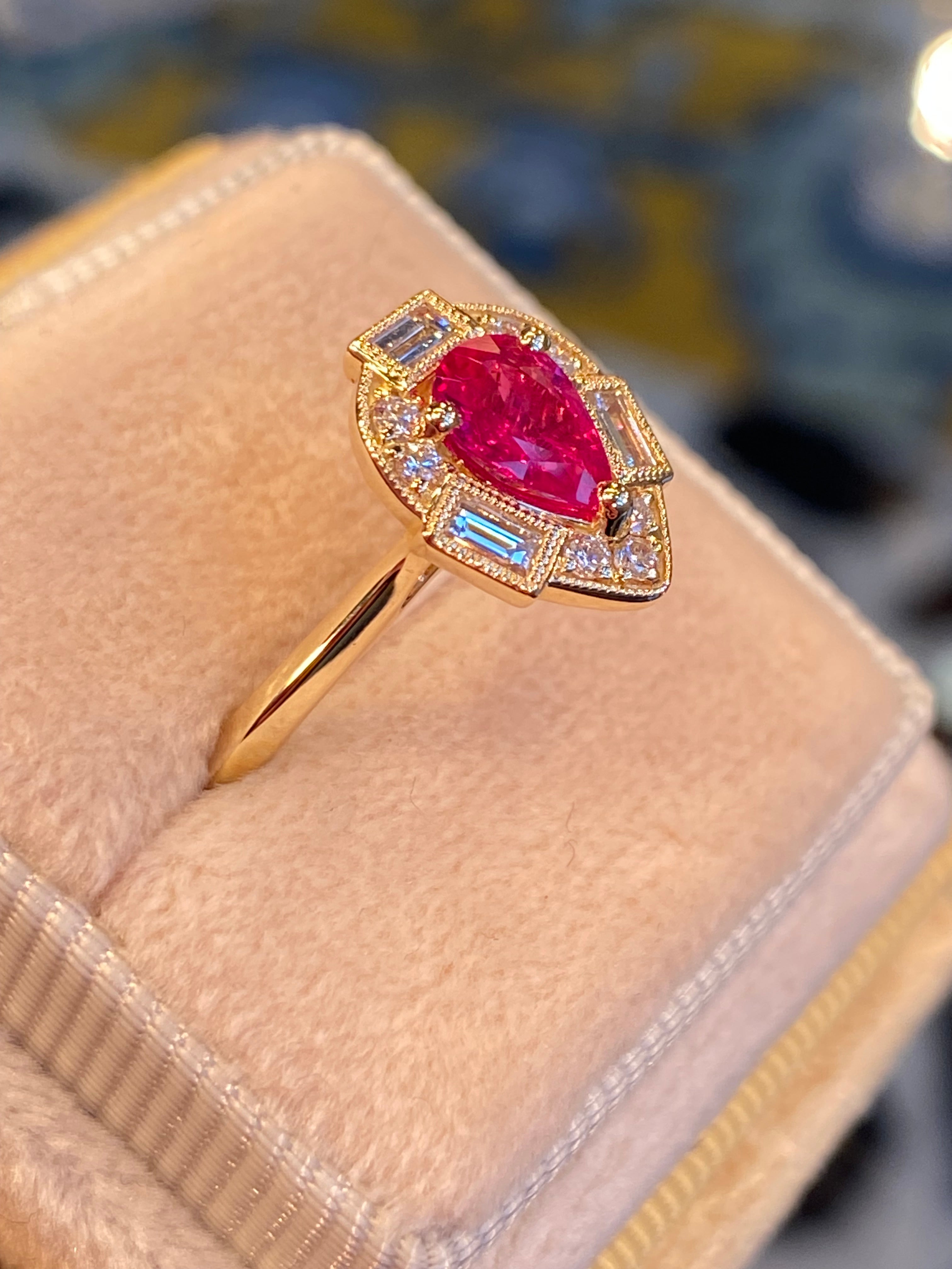 0.85 CTW Pear Cut Ruby and Natural Diamond Halo Ring in 18ct Yellow Gold