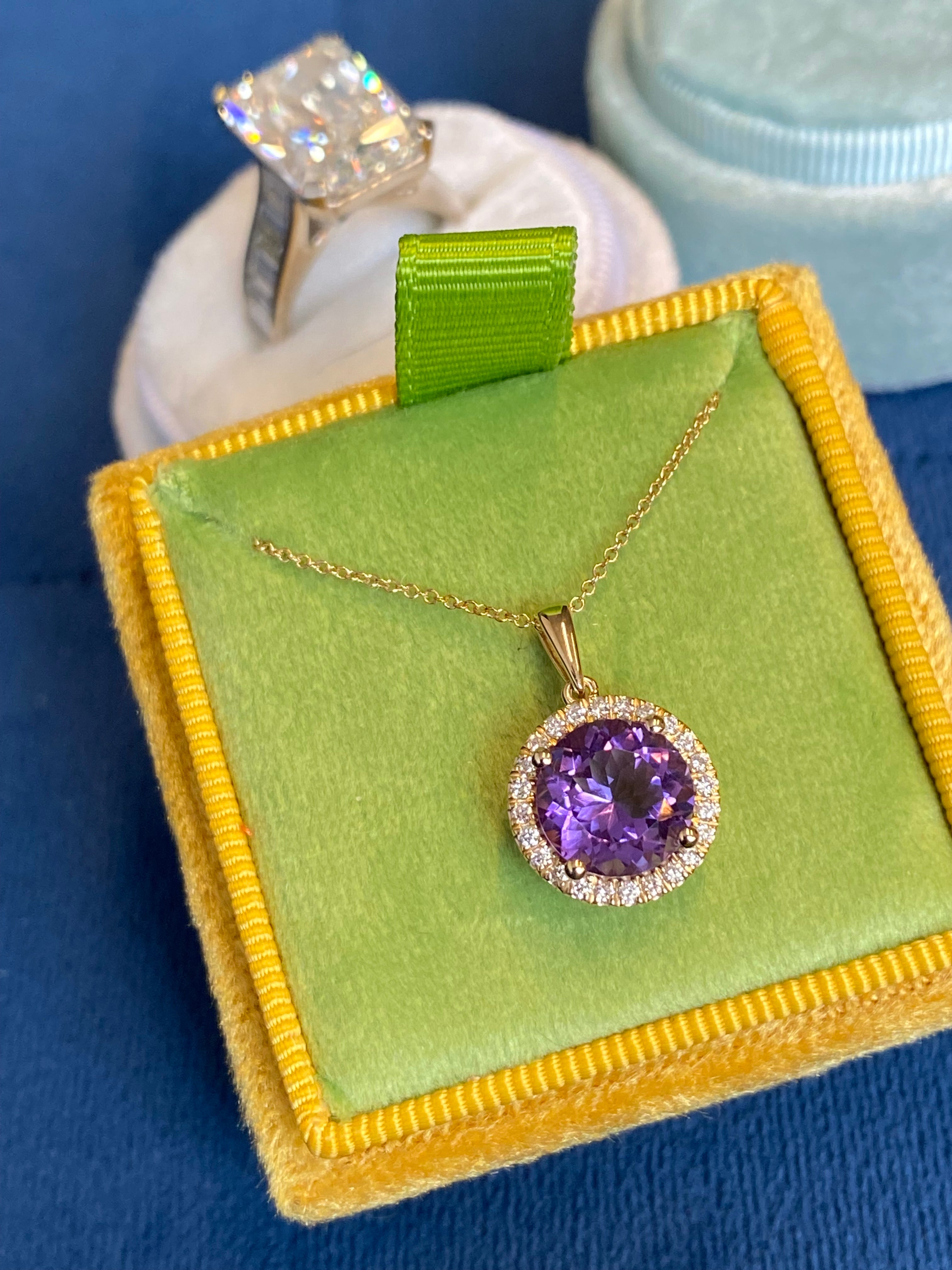 2.72 CTW Amethyst and Natural Diamond Pendant Necklace in 9ct Yellow Gold