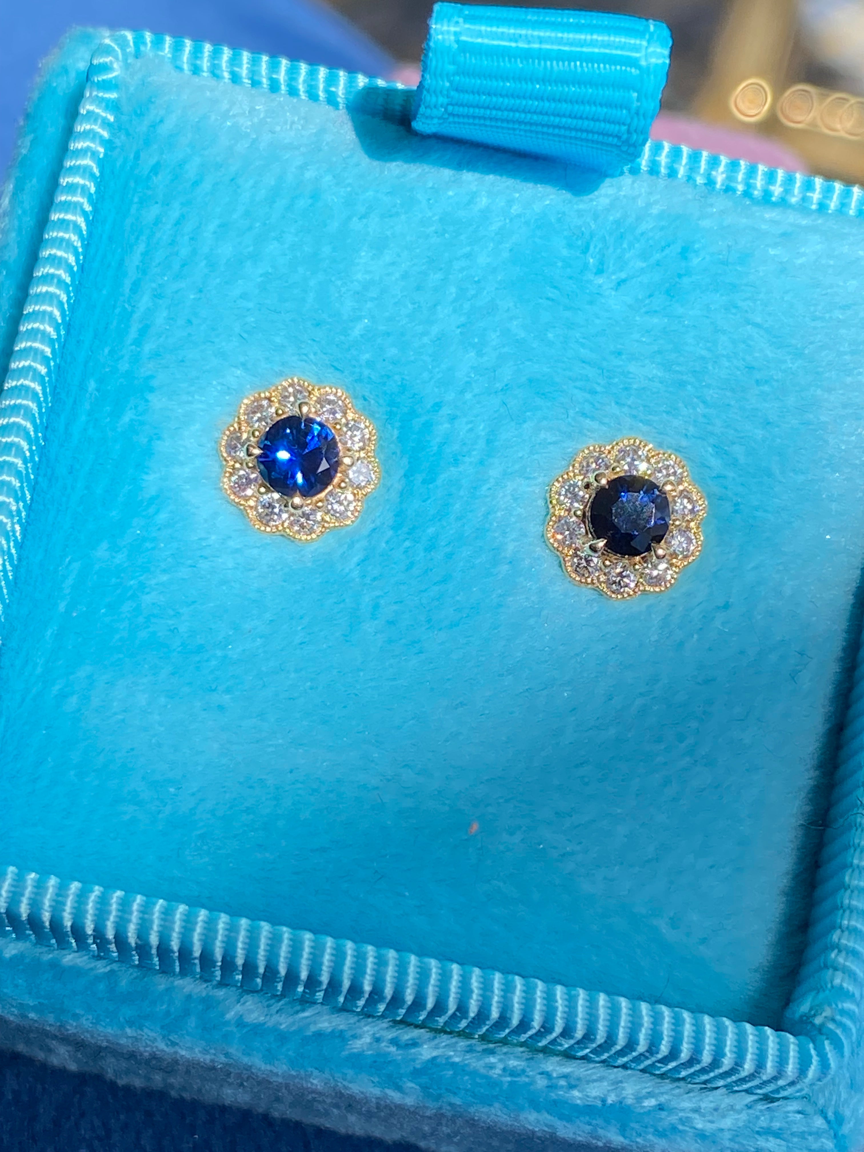 Sapphire and Natural Diamond Halo Stud Earrings in 18ct Yellow Gold