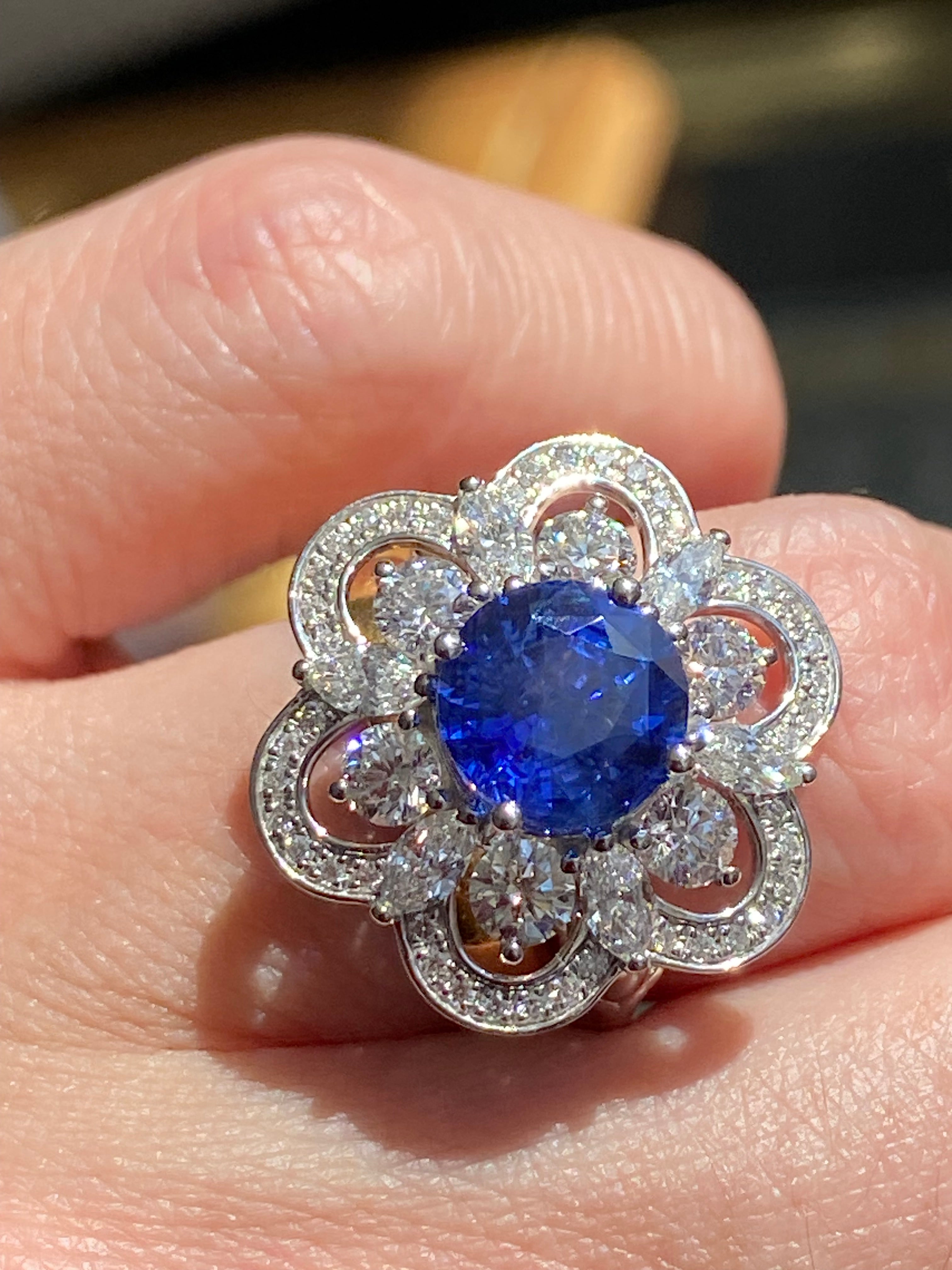 Masterpiece Showstopper 5.44 CTW Ceylon Sapphire and Natural Diamond Halo Cocktail Ring in Platinum