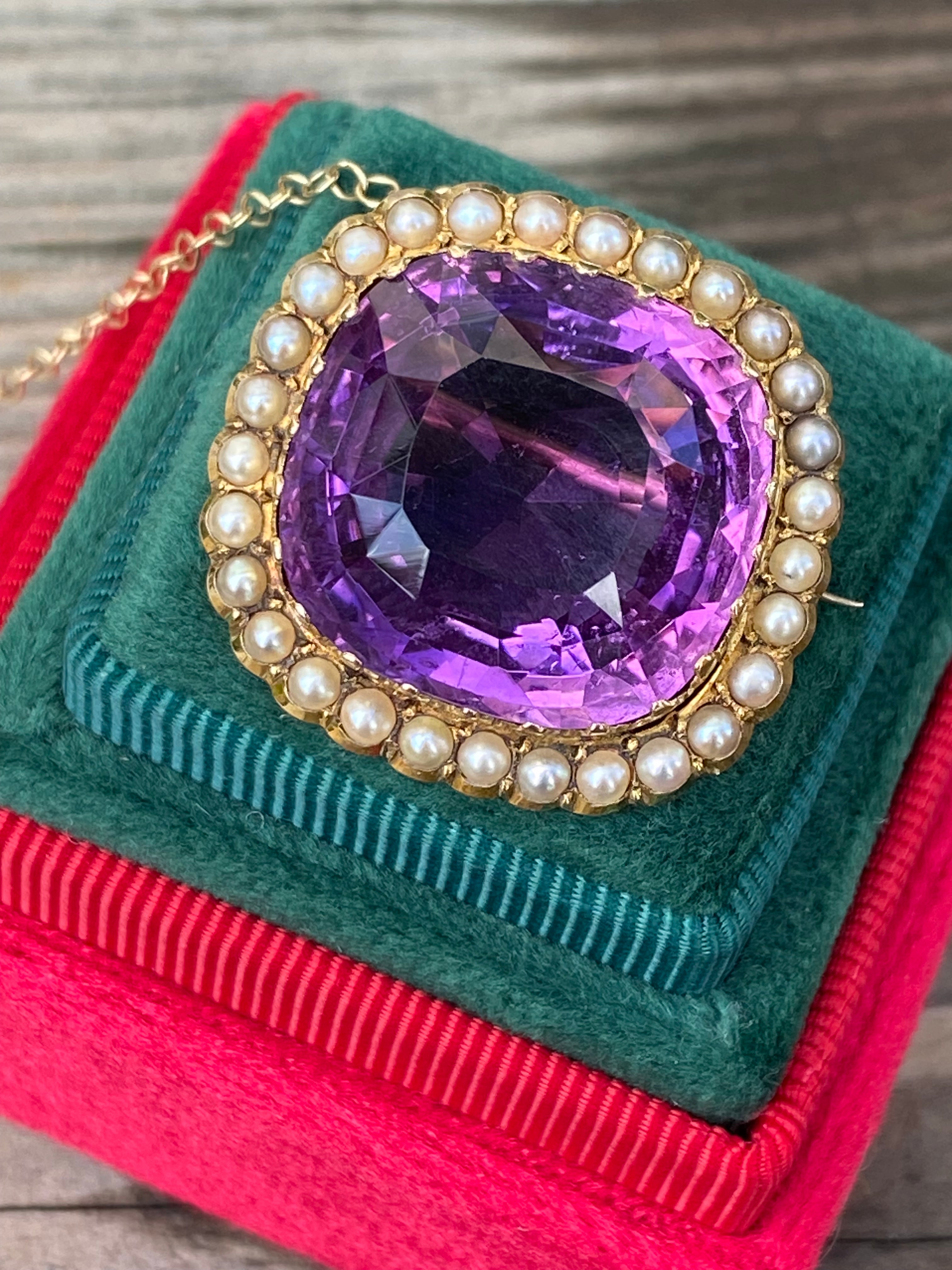 Antique 30.00ct Amethyst and Seed Pearl Brooch in 18ct Yellow Gold