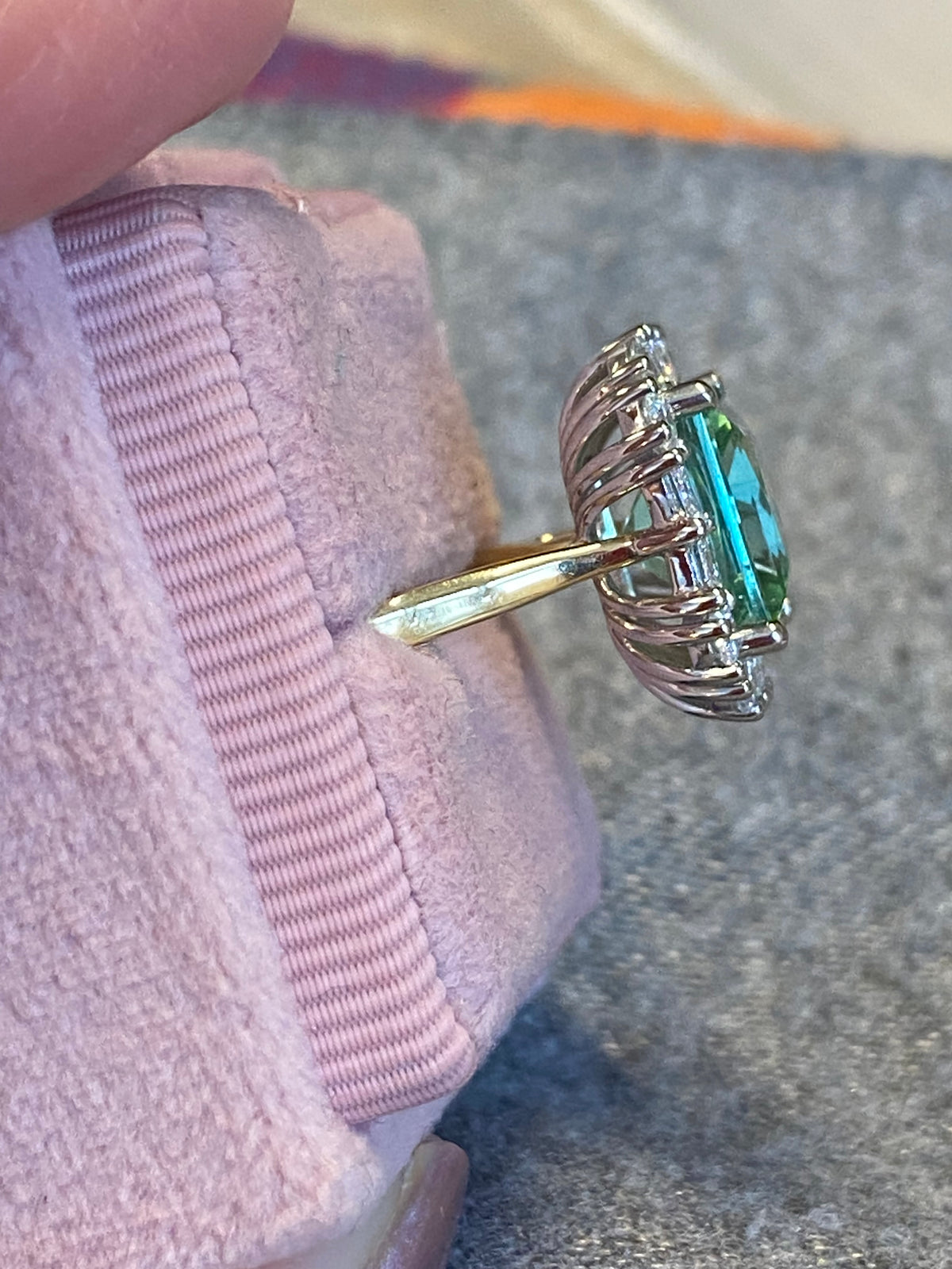4.73 CTW Princess Cut Mint Tourmaline and Natural Diamond Ring in Platinum and 18ct Yellow Gold
