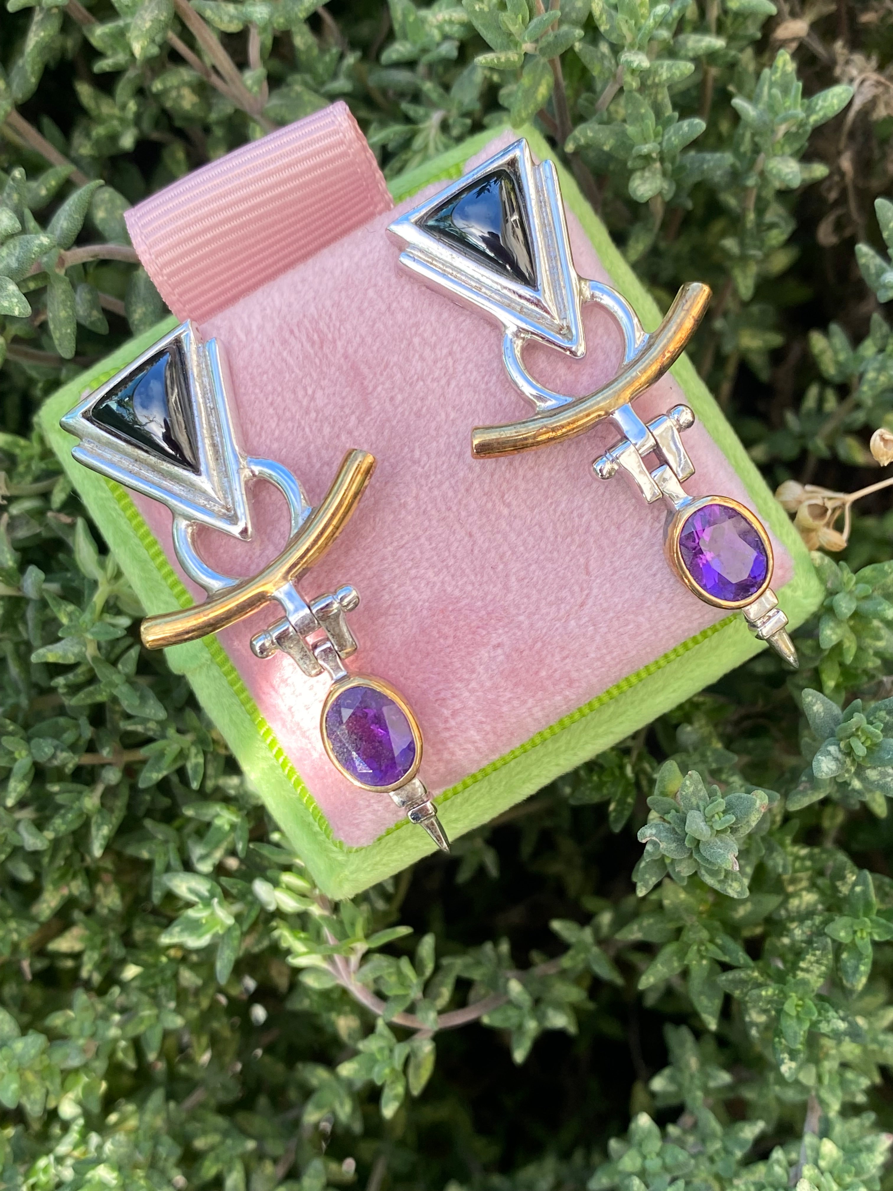 Statement 1980’s Amethyst and Black Onyx Earrings in Sterling Silver and 18ct Yellow Gold