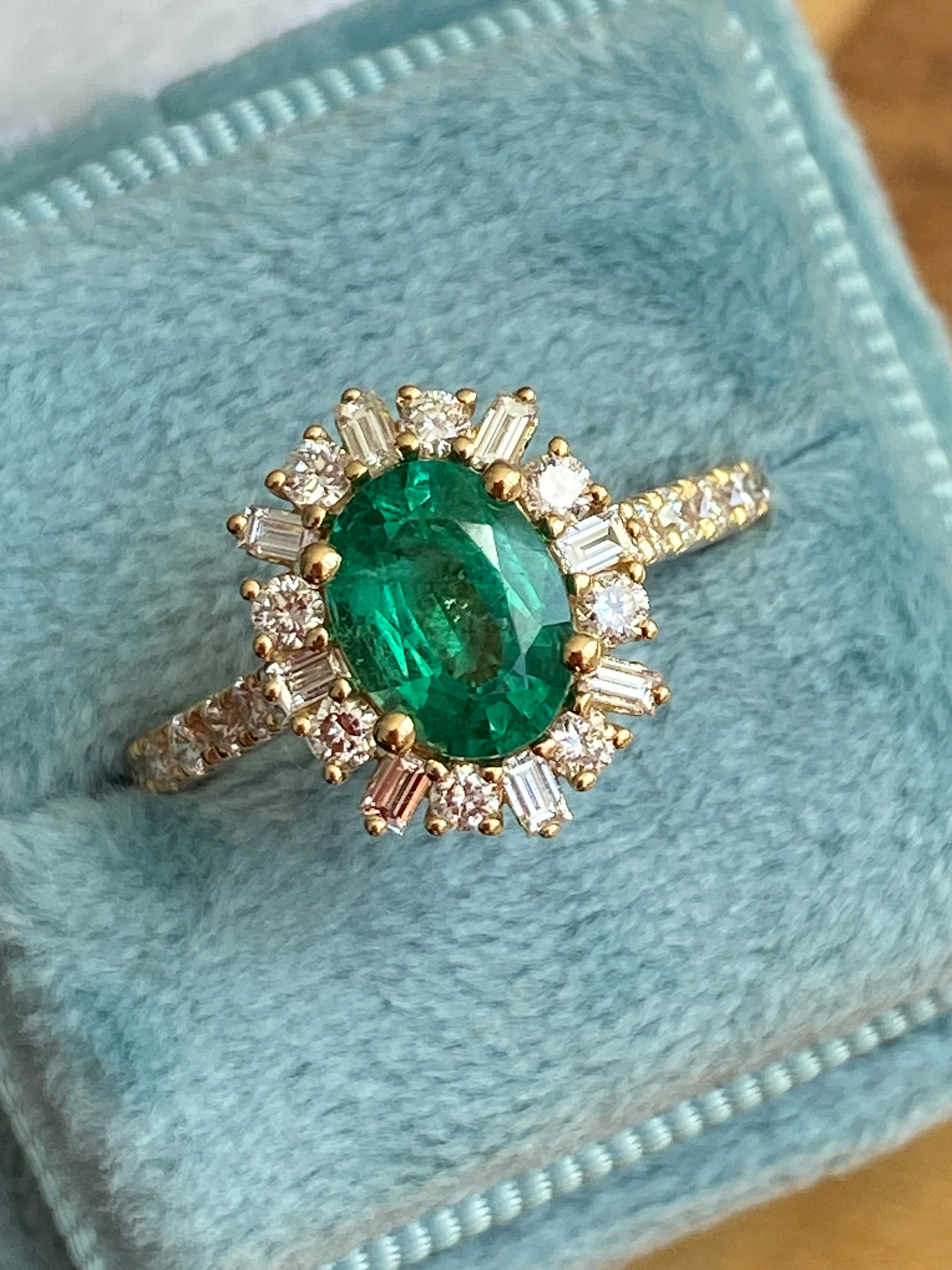 1.76 CTW Oval Cut Emerald and Natural Diamond Ring in 18ct Yellow Gold