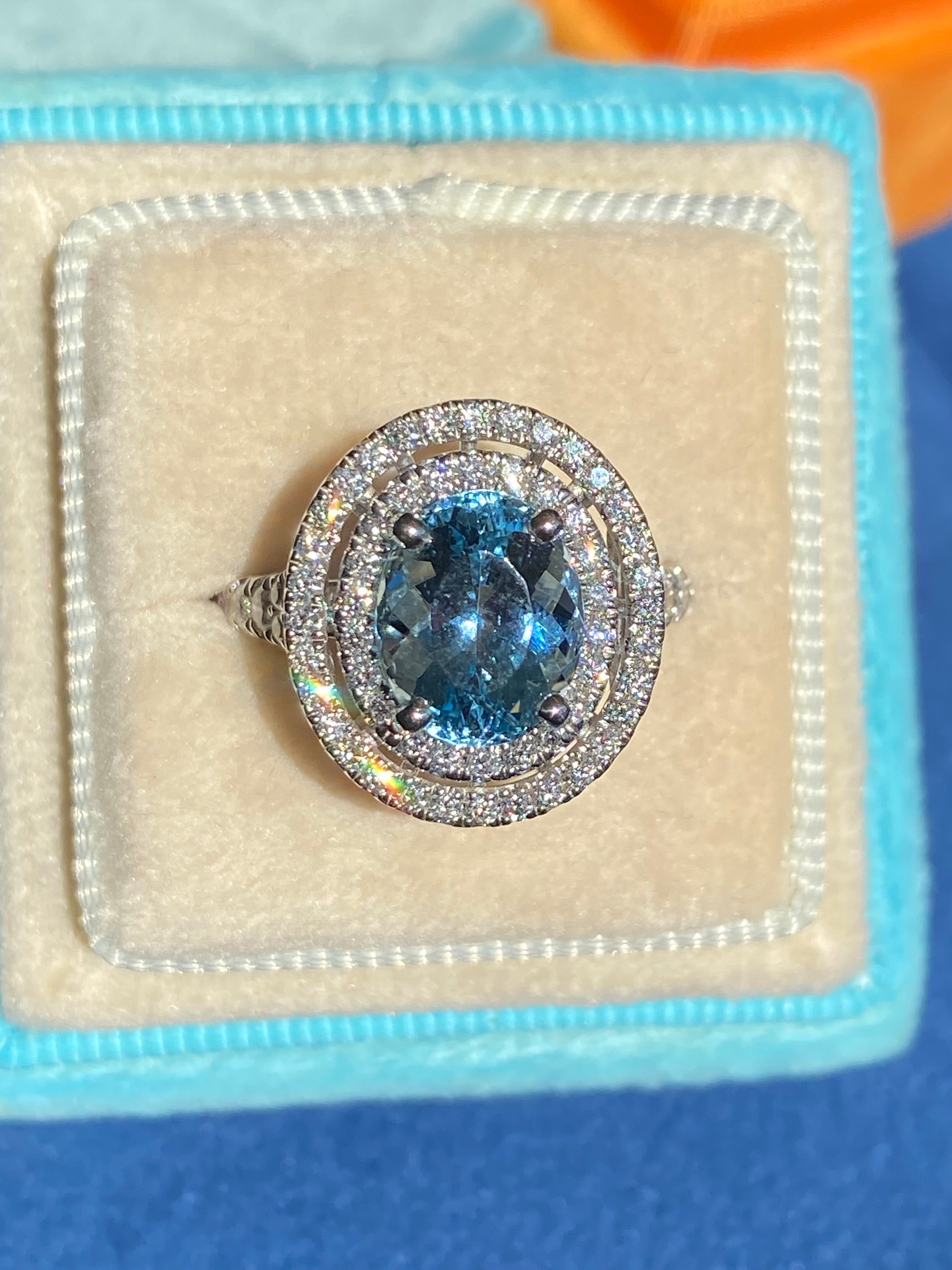 3.23 CTW Oval Cut Aquamarine and Natural Diamond Double Halo Engagement Ring in Platinum