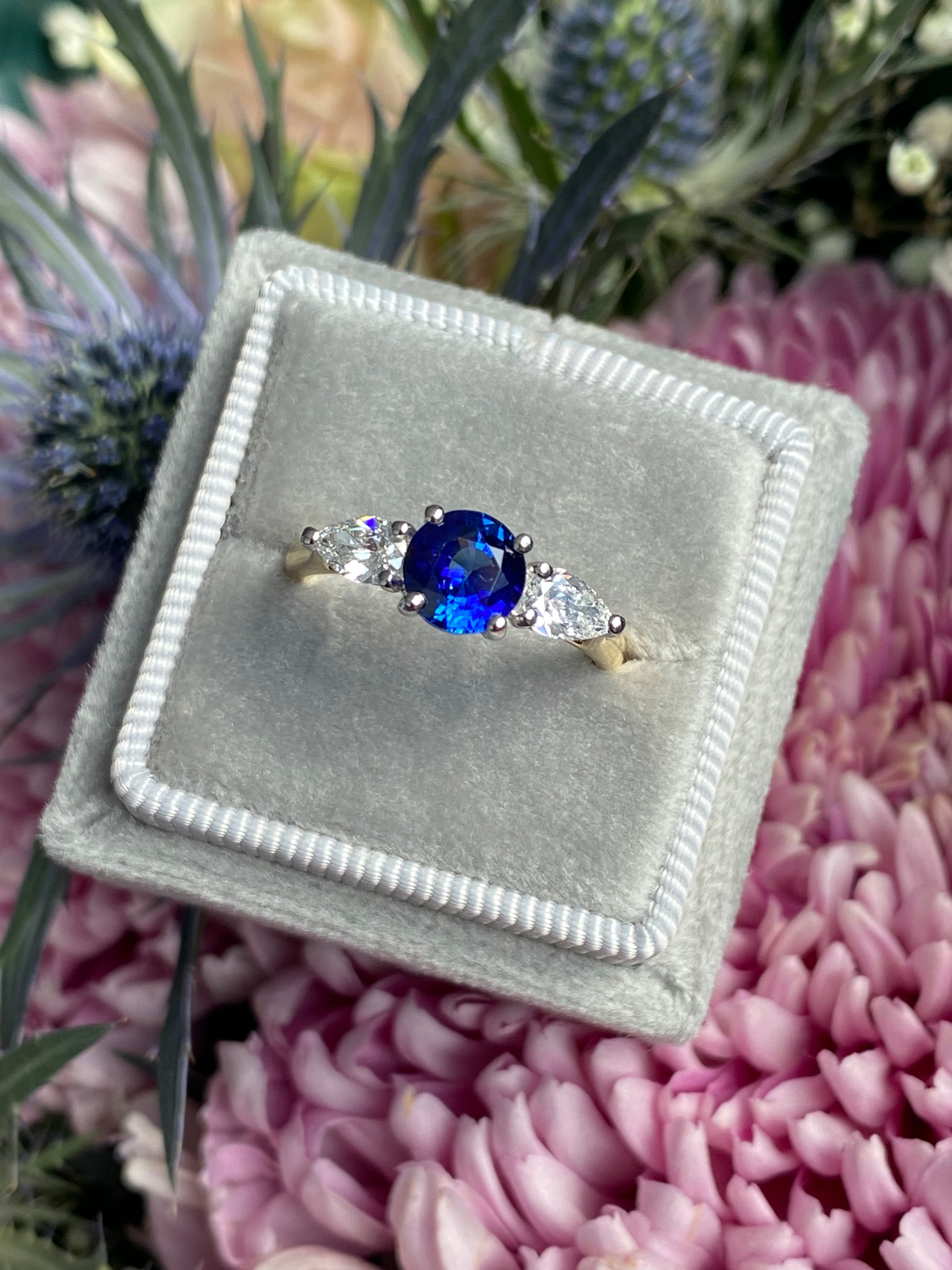 1.52 CTW Blue Ceylon Sapphire and Natural Diamond Three Stone Engagement Ring in Platinum and 18ct Yellow Gold