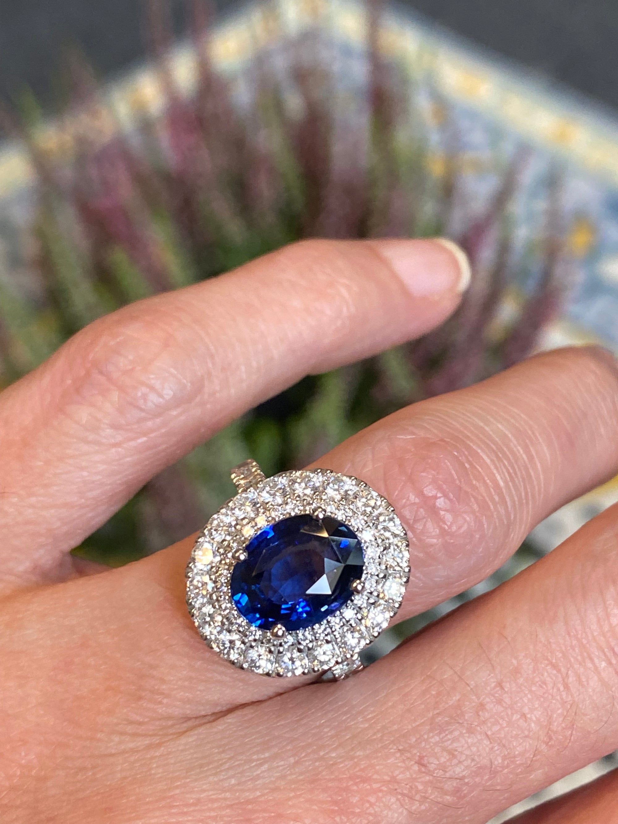 4.29 Carat Blue Ceylon Sapphire and 1.67 CTW Natural Diamond Halo Ring in Platinum