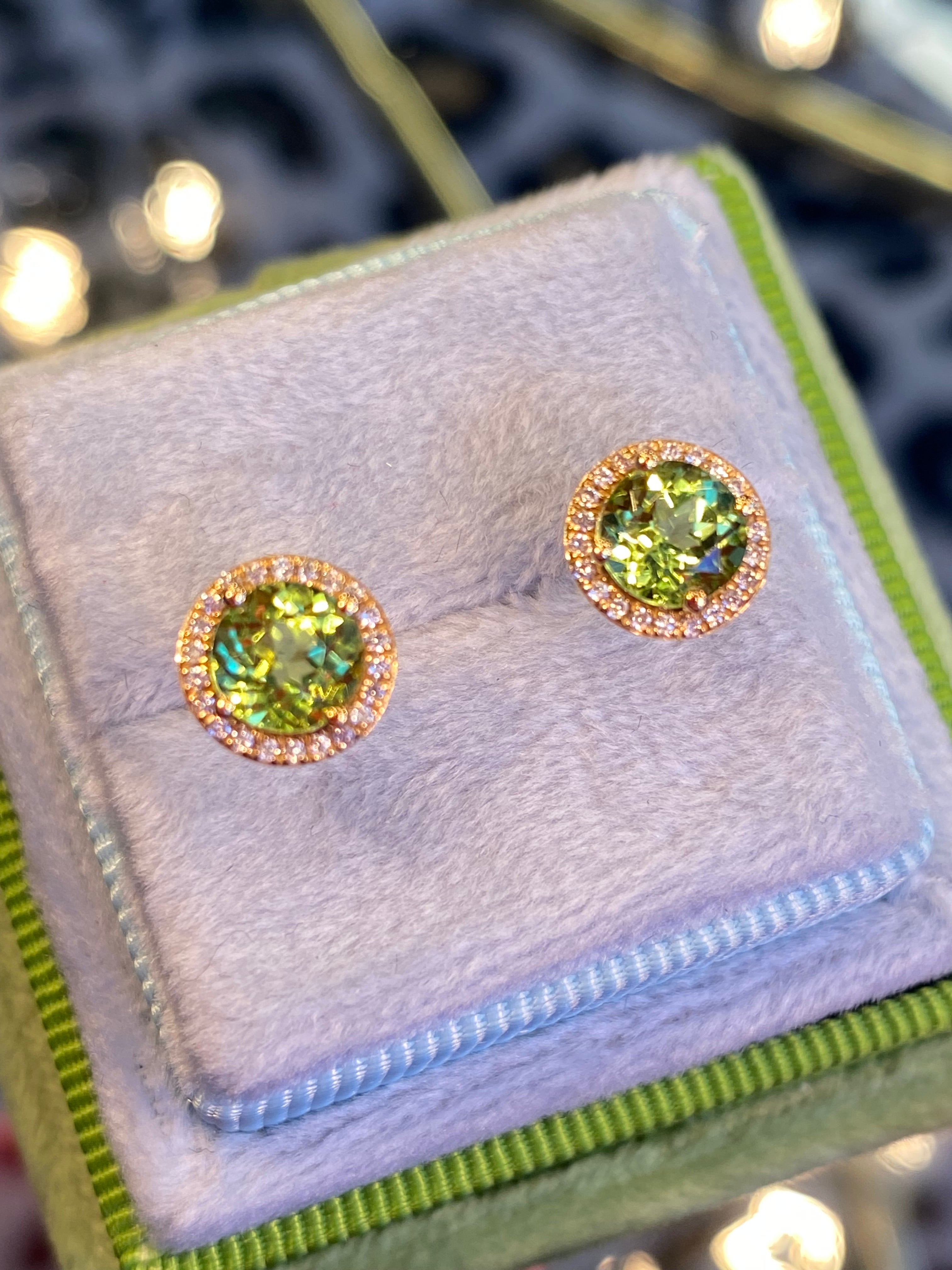 Peridot and Diamond Halo Stud Earrings in 18ct Yellow Gold