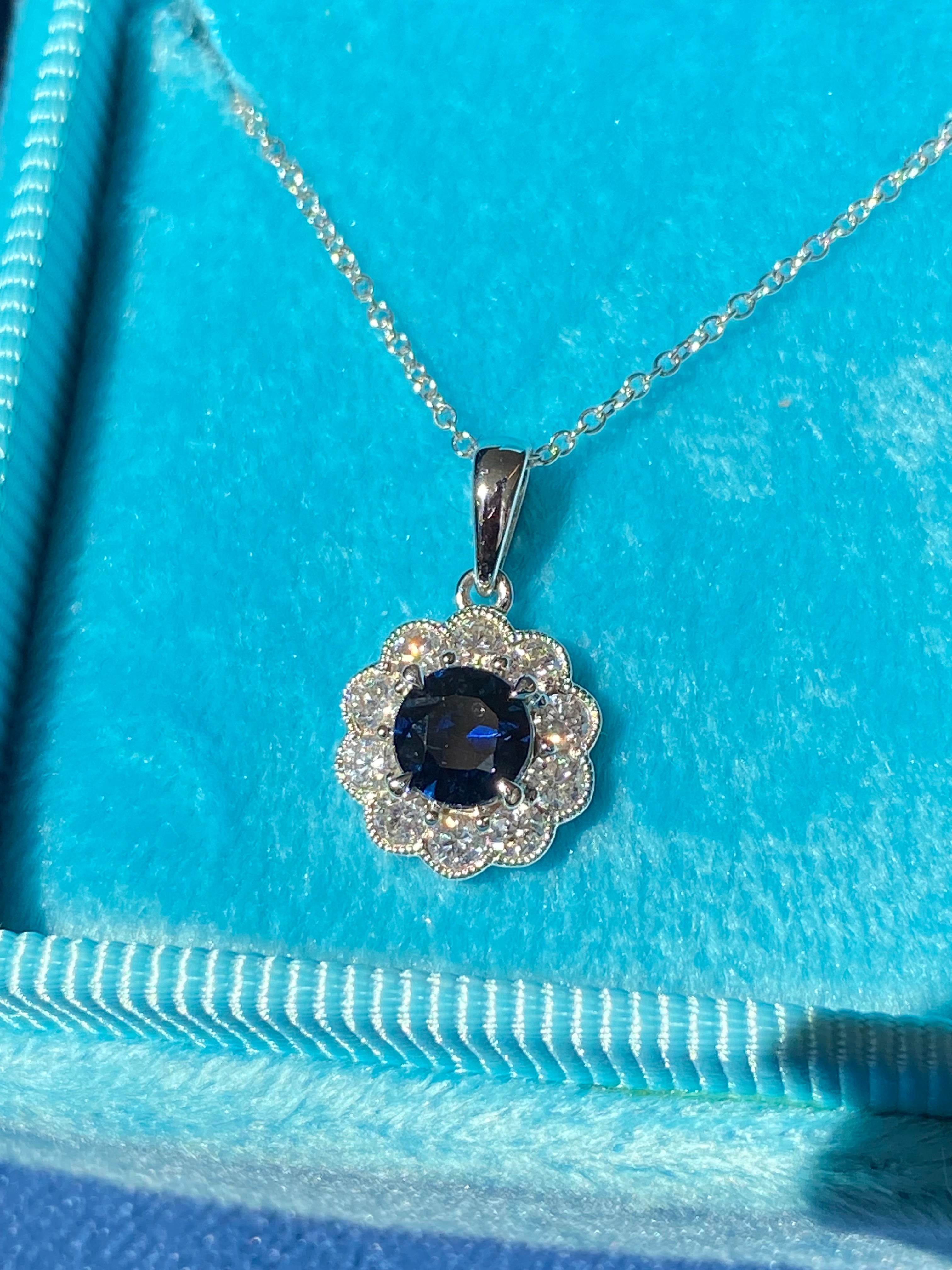 0.86 CTW Sapphire and Natural Diamond Pendant Necklace in 18ct White Gold