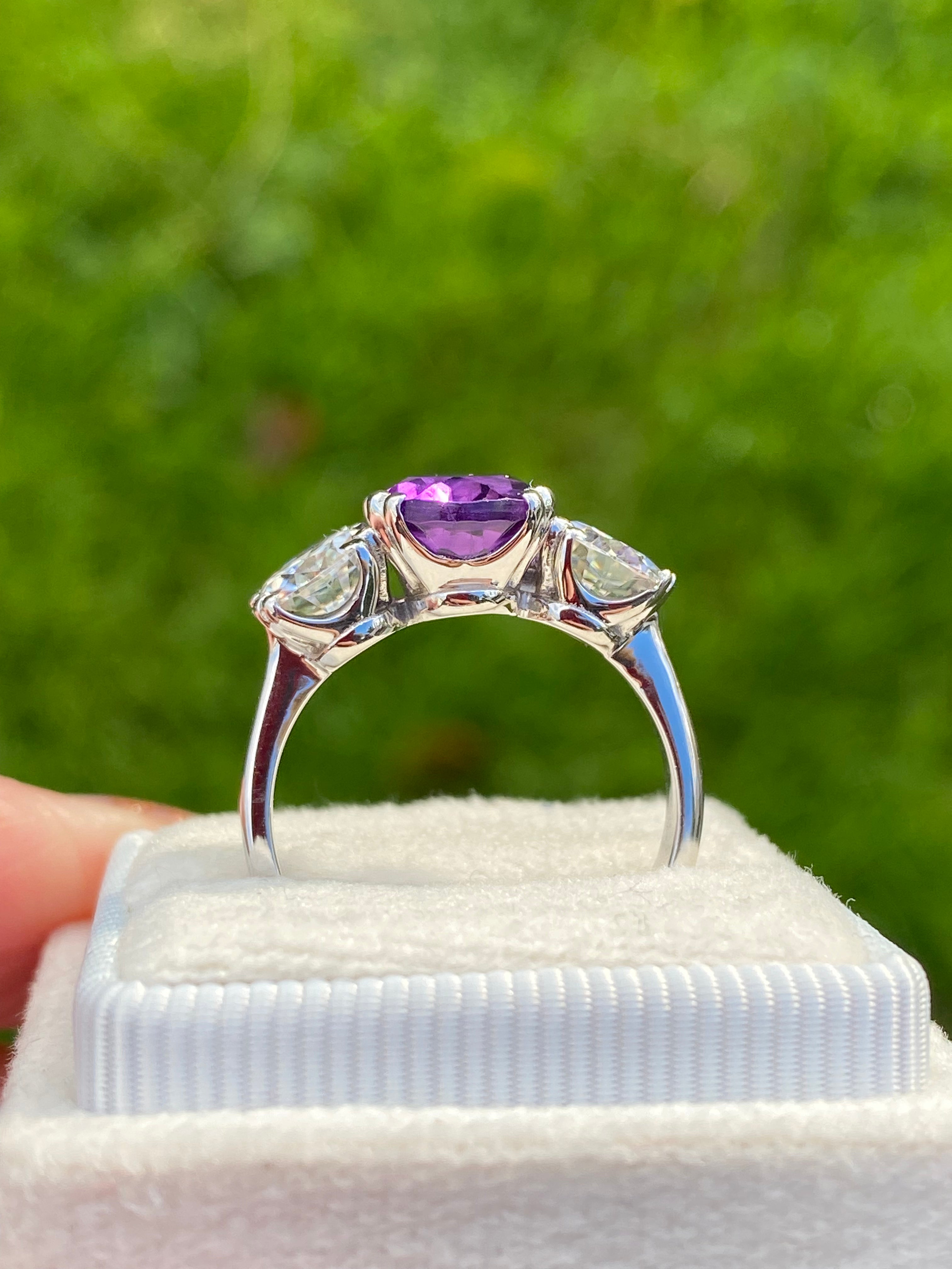 2.57 Carat Amethyst and 1.84 Carat Moissanite Three Stone Ring in Sterling Silver