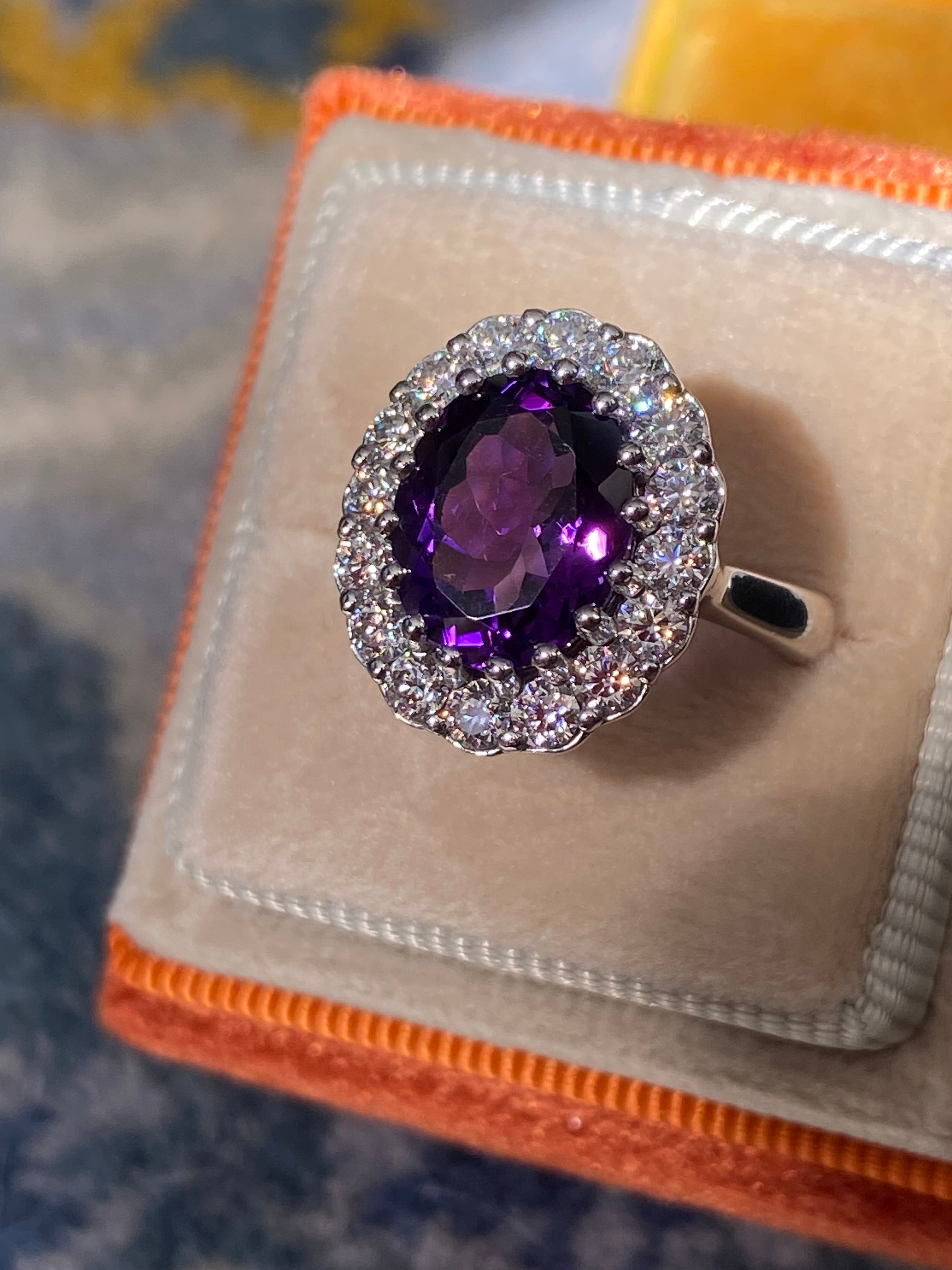 5.50 CTW Oval Cut Amethyst and Moissanite Halo Cocktail Ring