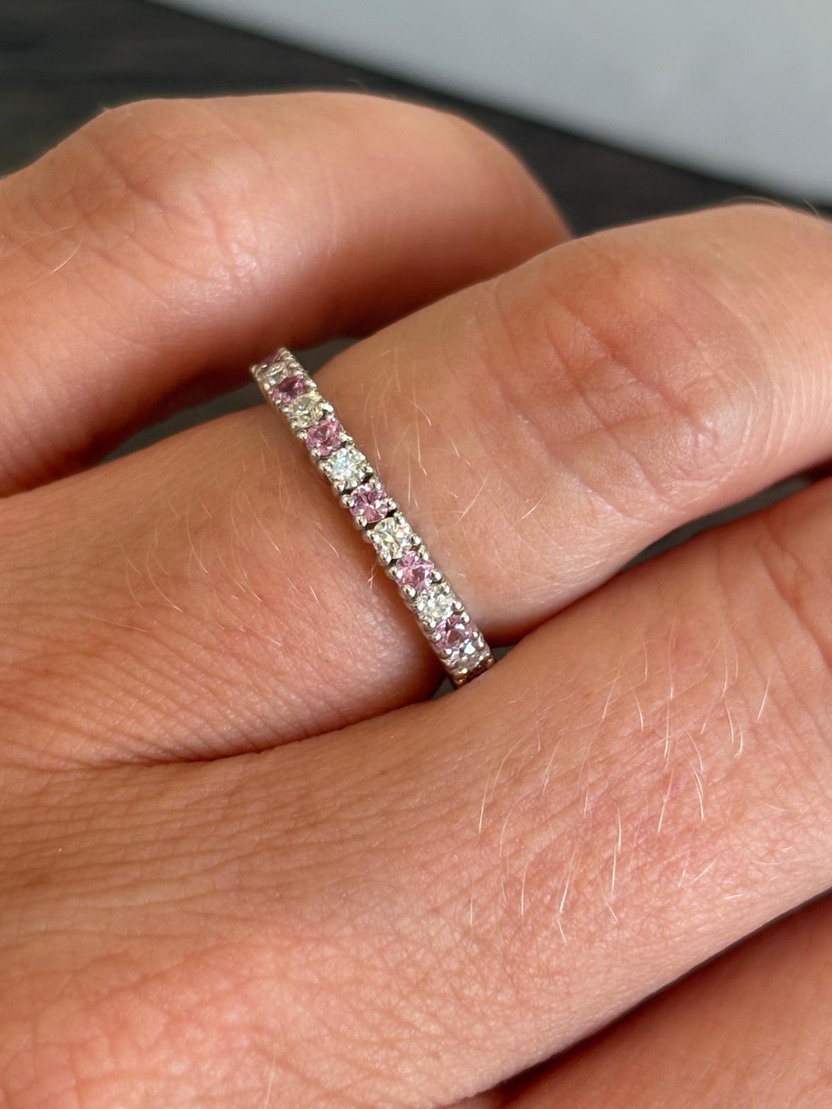0.47ctw Natural Pink Sapphire and Moissanite Eternity Stacking Ring in Sterling Silver