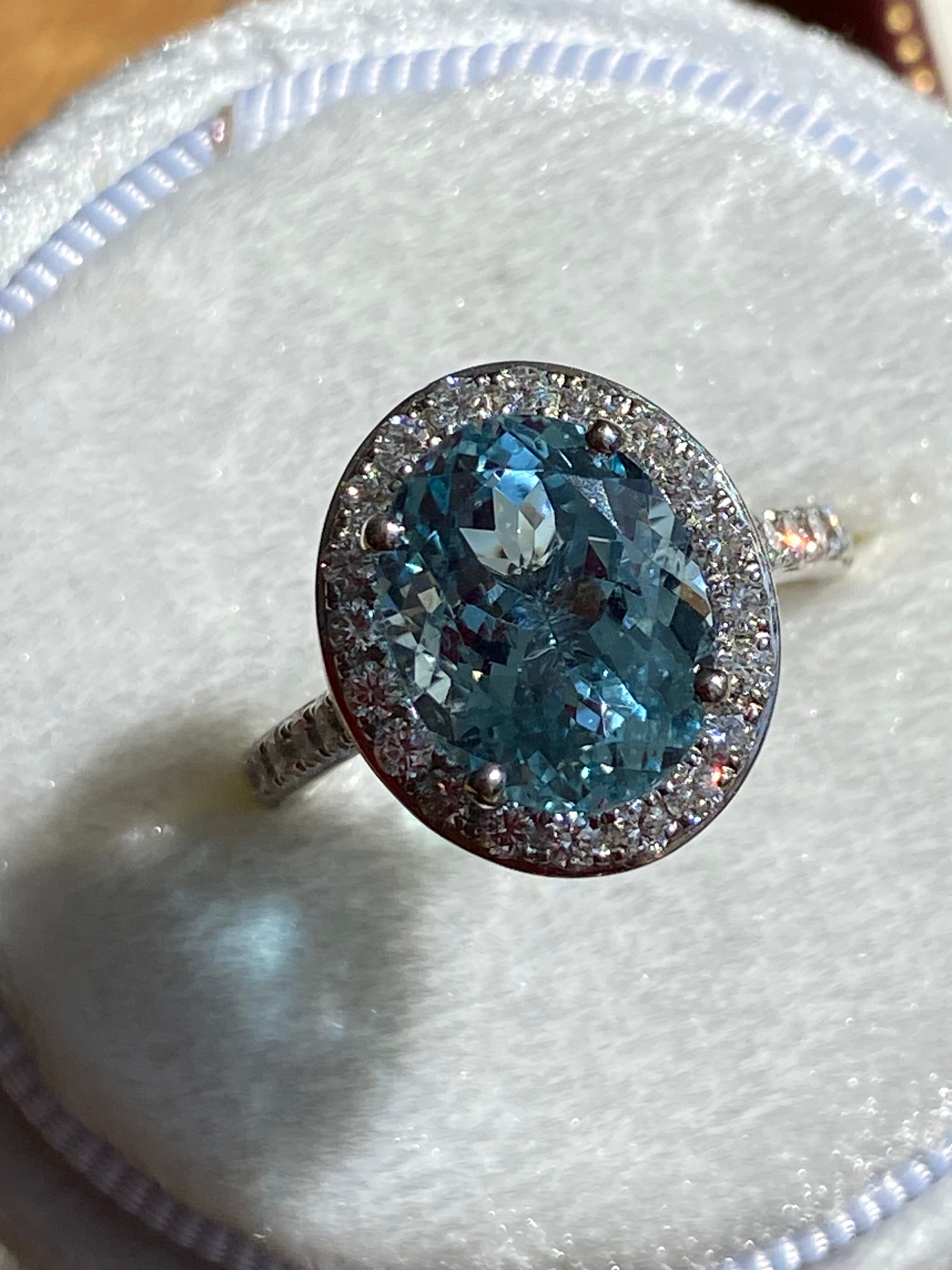 4.32 CTW Oval Cut Aquamarine and Natural Diamond Halo Engagement Ring in Platinum