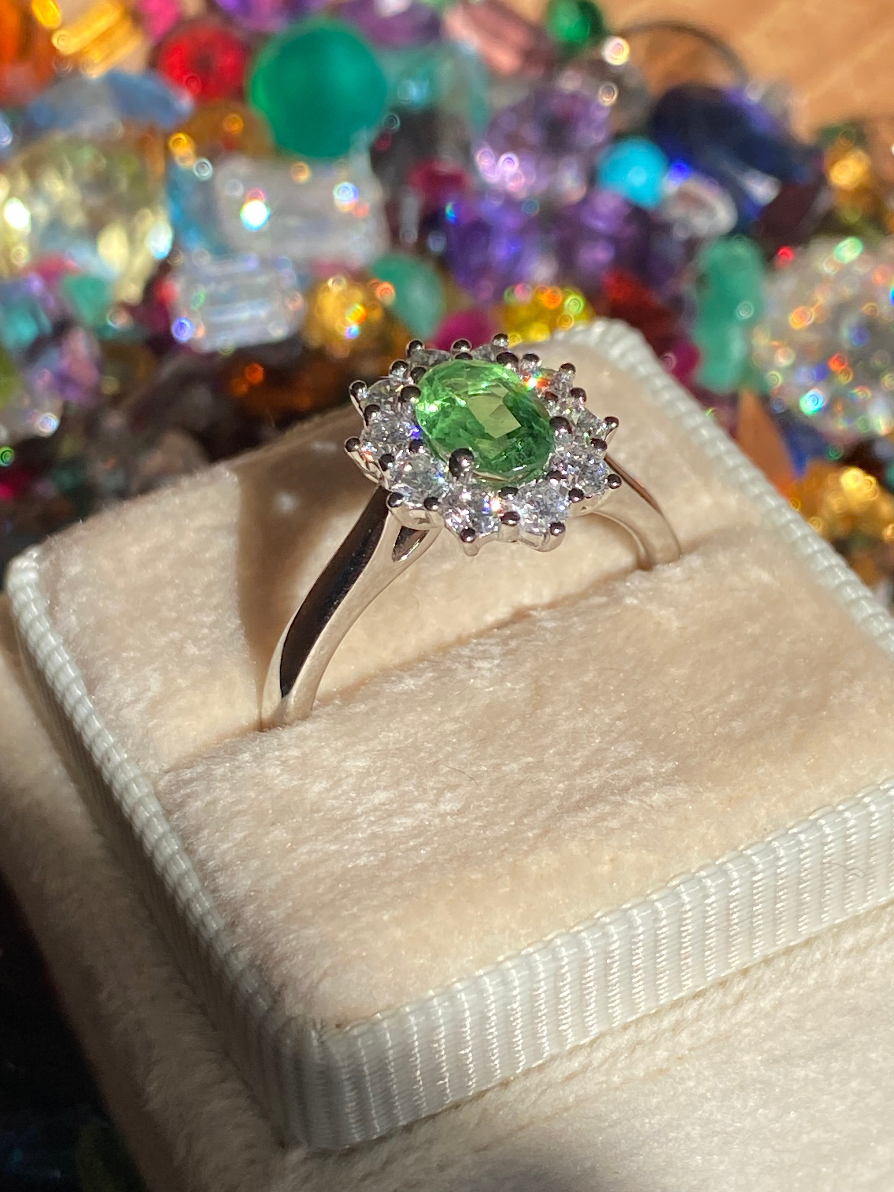 1.32 CTW Tsavorite Garnet and Natural Diamond Halo Ring in Platinum