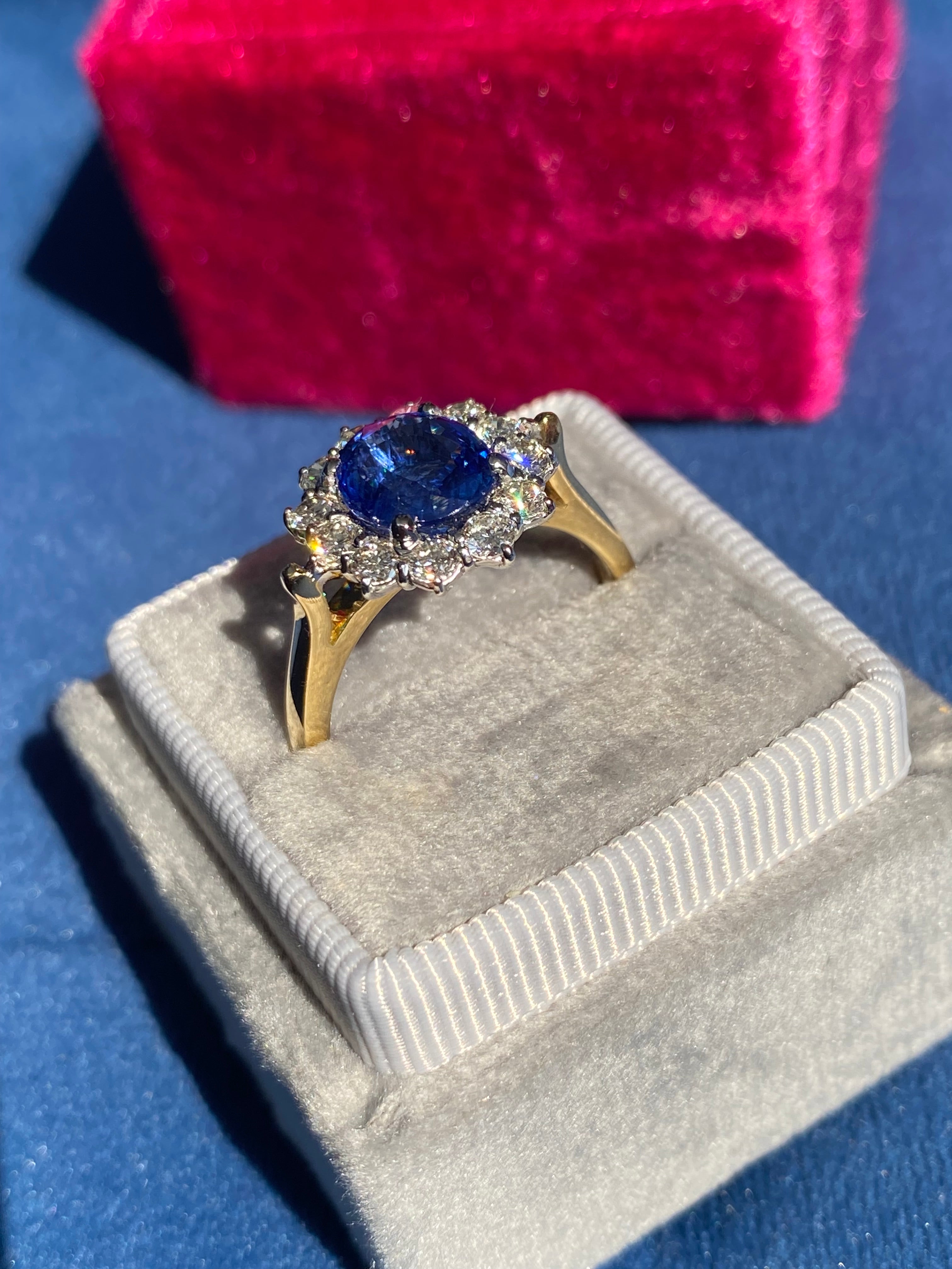 3.31 CTW Ceylon Sapphire and Natural Diamond Halo Ring in 18ct Gold