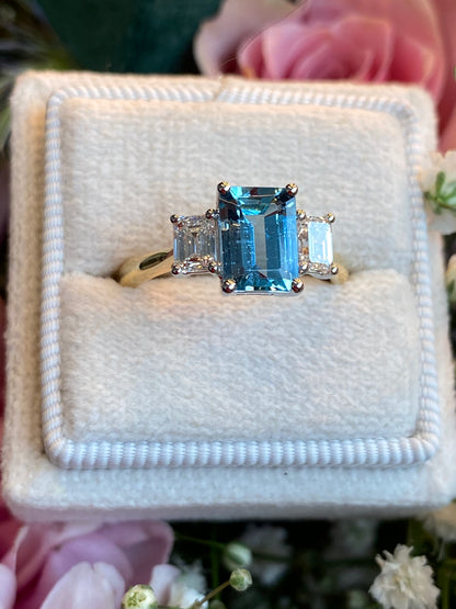 1.88 CTW Aquamarine and Natural Diamond Three-Stone Ring in Platinum and 18ct Yellow Gold