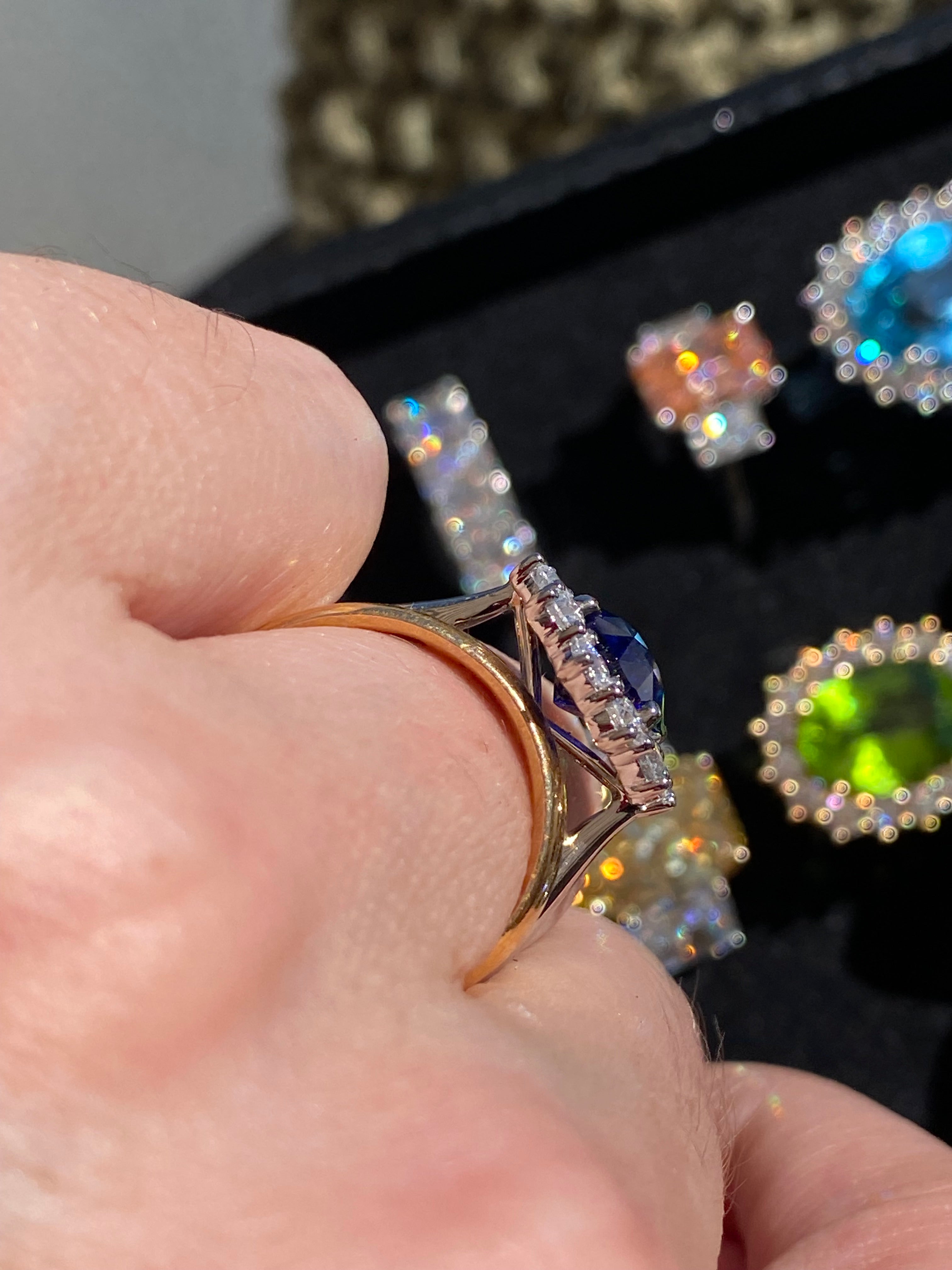 6.37 Carat Gubelin Certed Blue Ceylon Sapphire and 1.80 CTW Natural Diamond Halo Ring in Platinum