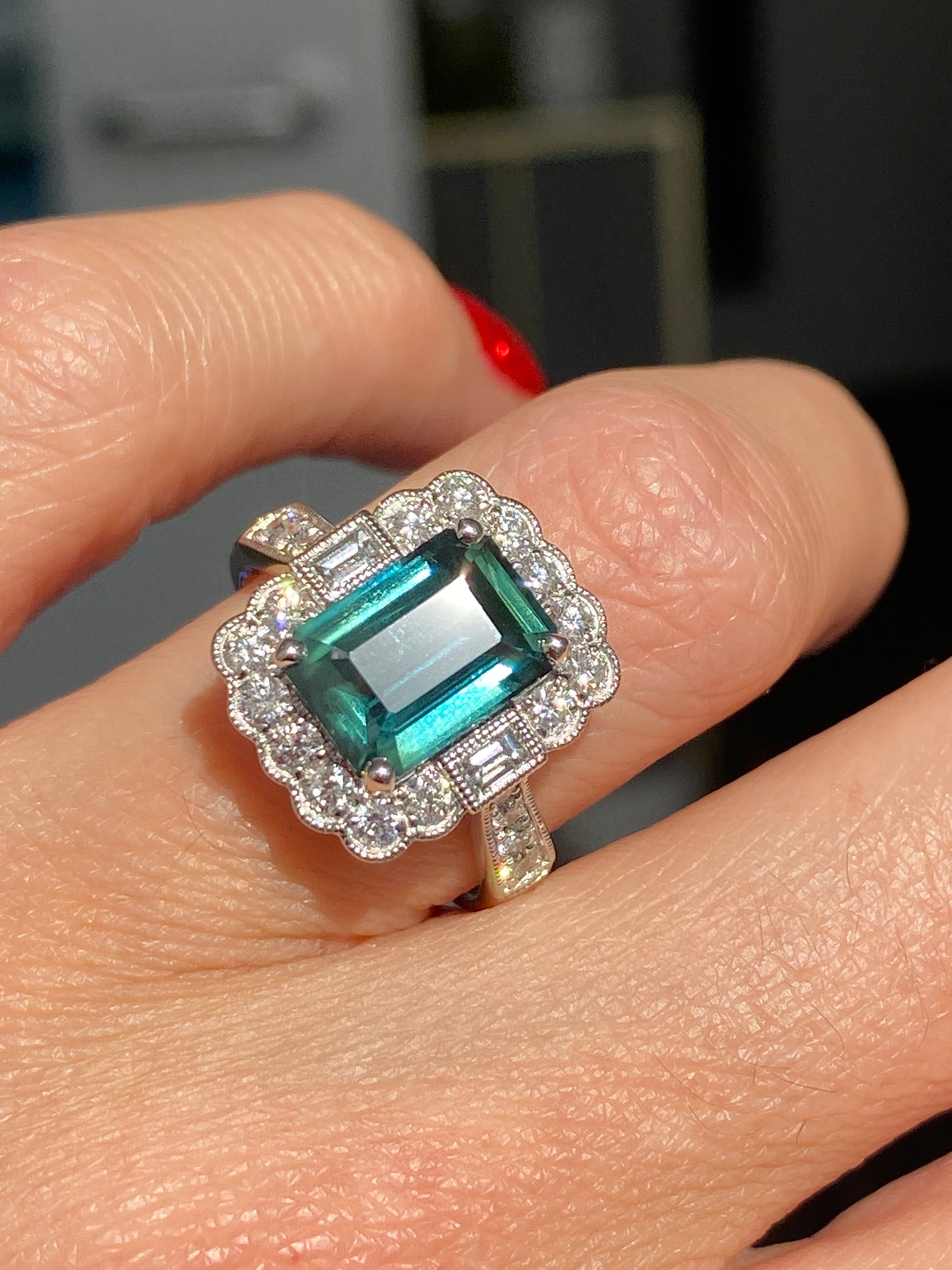 3.73 Carat Teal Sapphire and Natural Diamond Ring in Platinum