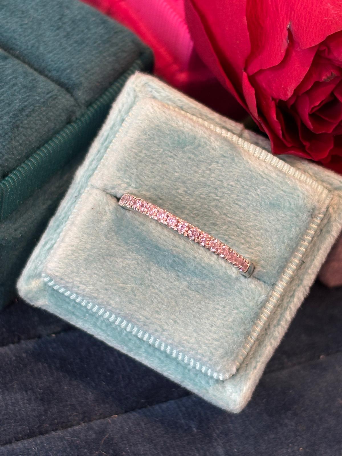 Round Cut Moissanite Pink Double Halo Engagement and Wedding / Eternity Ring Set in Sterling Silver