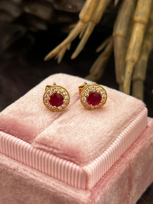 Ruby and Natural Diamond Halo Stud Earrings in 18ct Yellow Gold