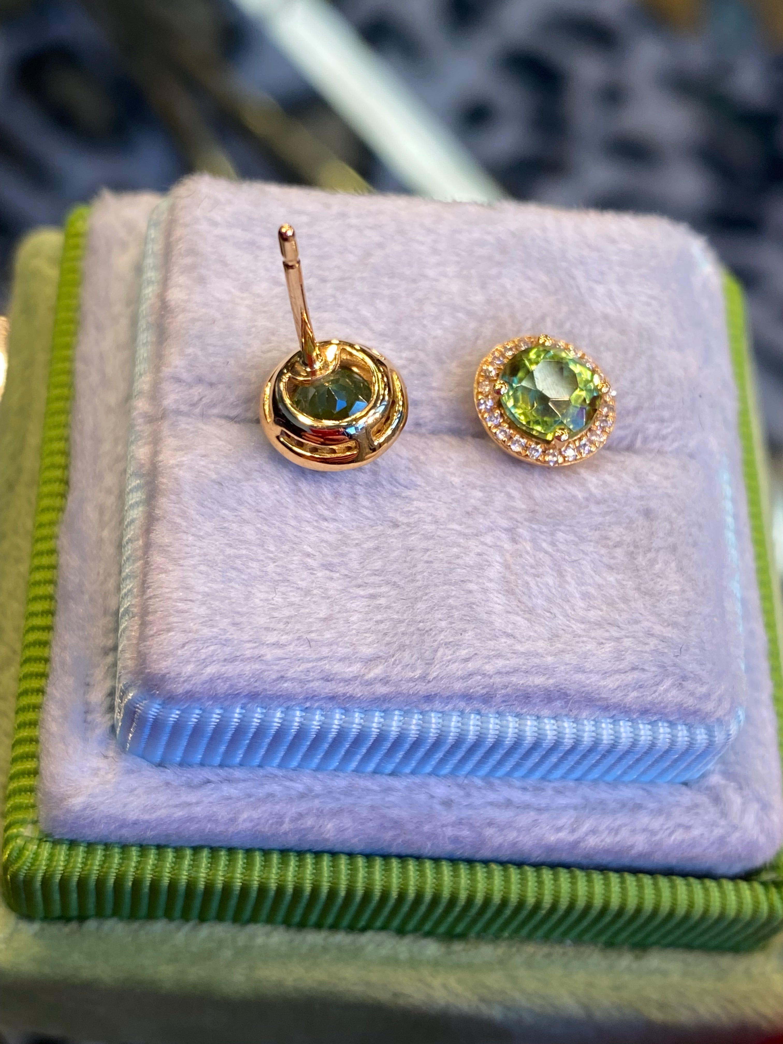 Peridot and Diamond Halo Stud Earrings in 18ct Yellow Gold