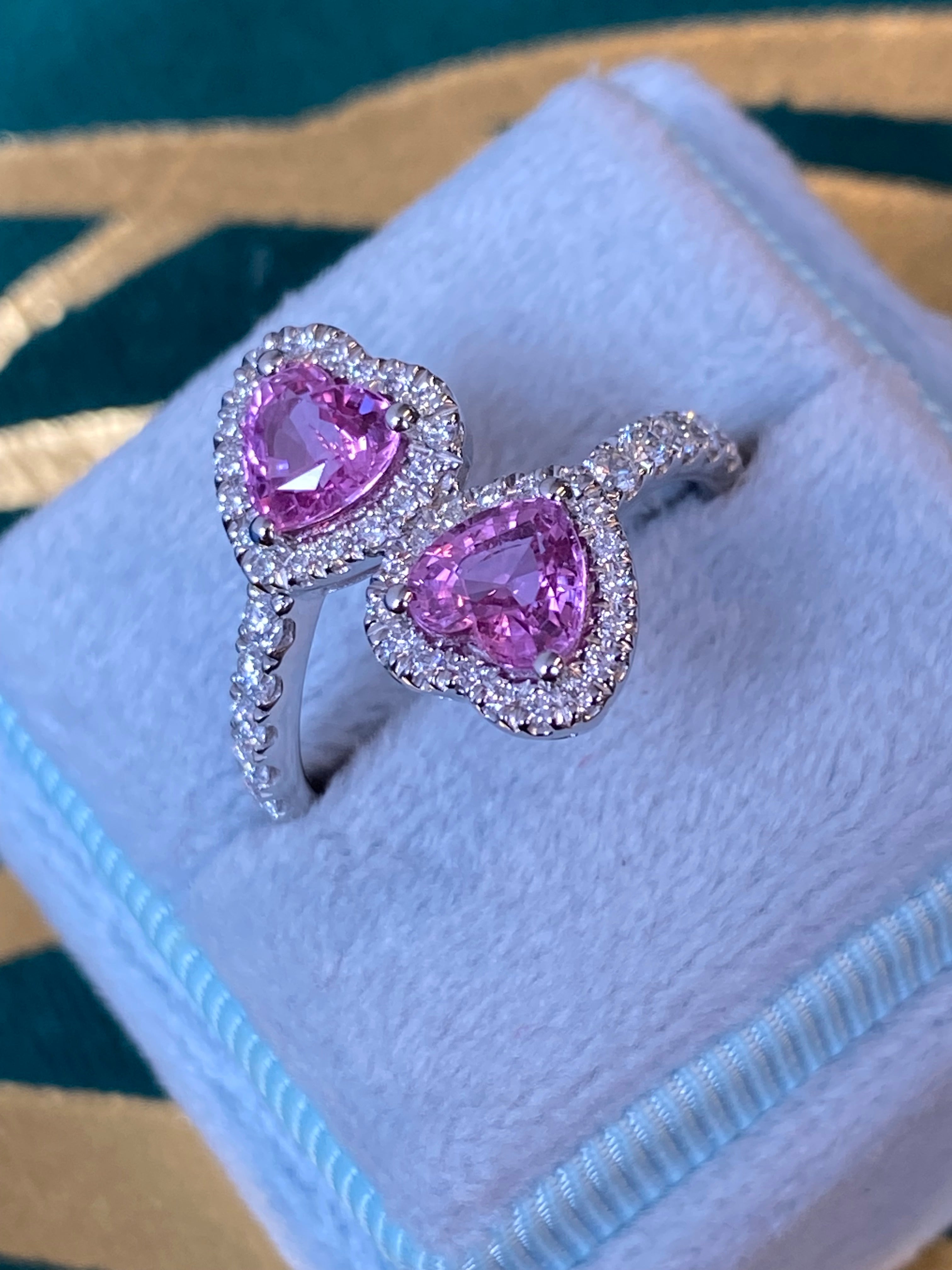 1.92 CTW Heart Shape Pink Sapphire and Natural Diamond Toi et Moi Ring in Platinum