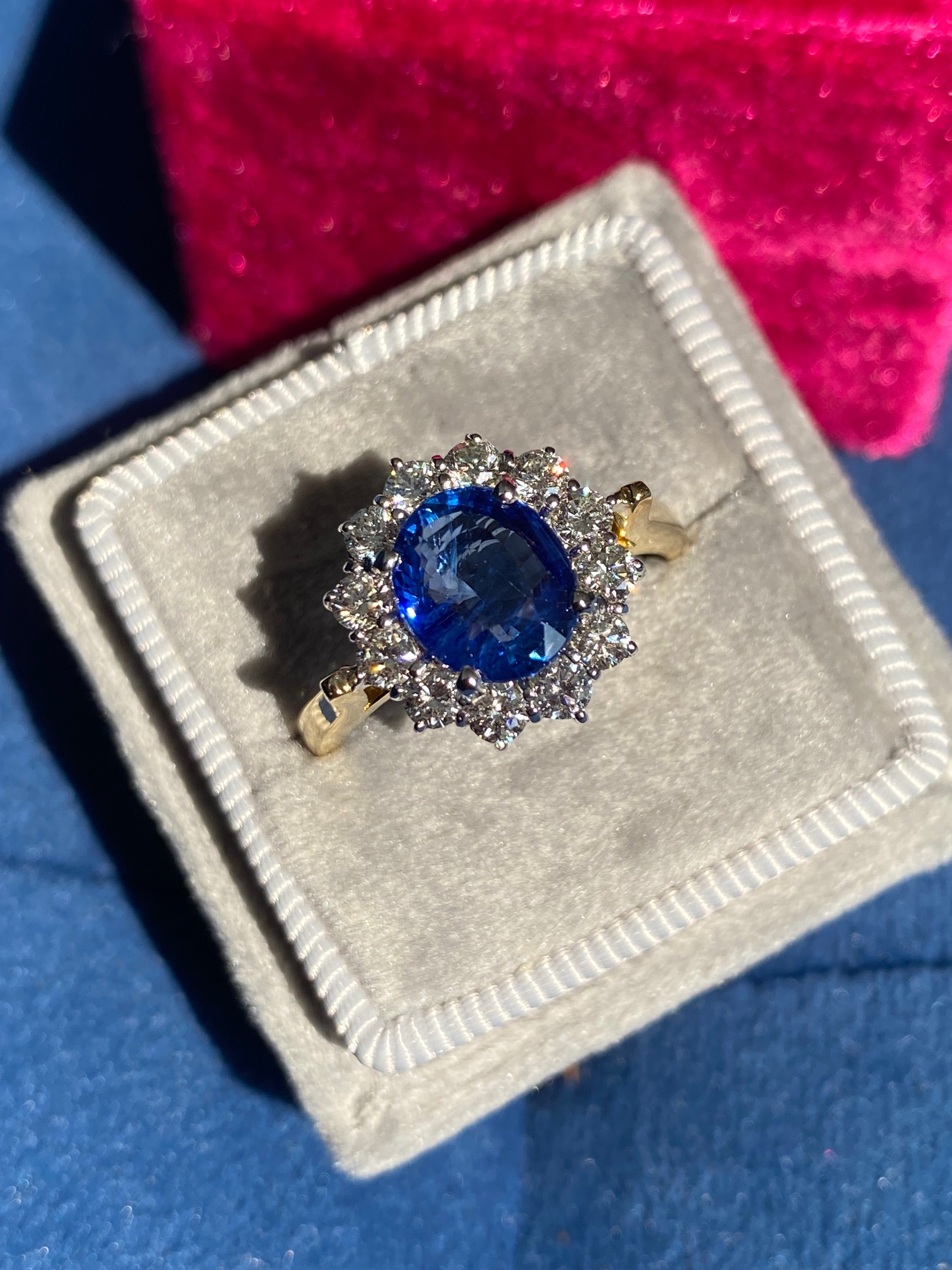 3.31 CTW Ceylon Sapphire and Natural Diamond Halo Ring in 18ct Gold